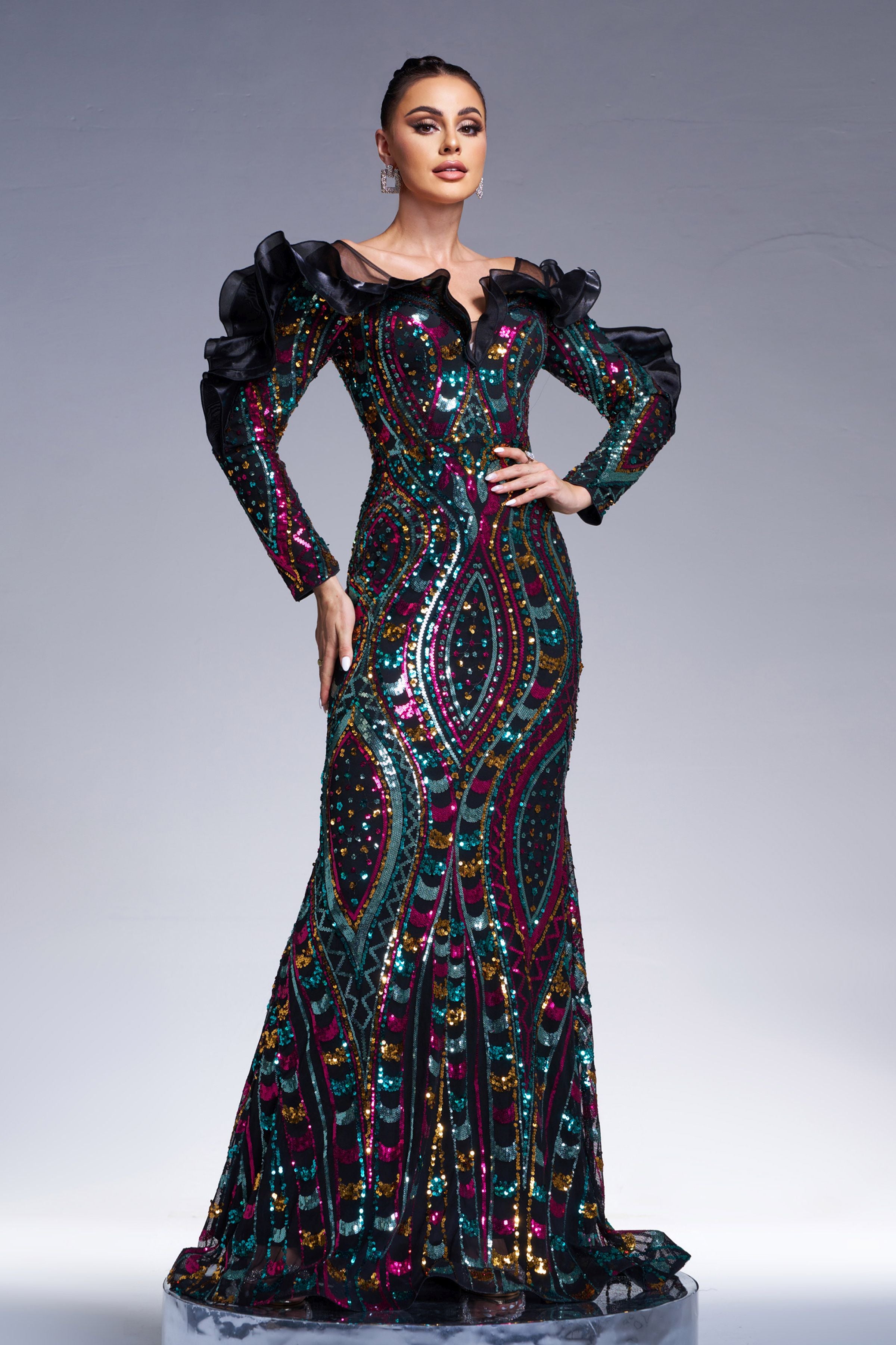 Azina -DH80242 Ruffled Sequin Mermaid Formal Dress