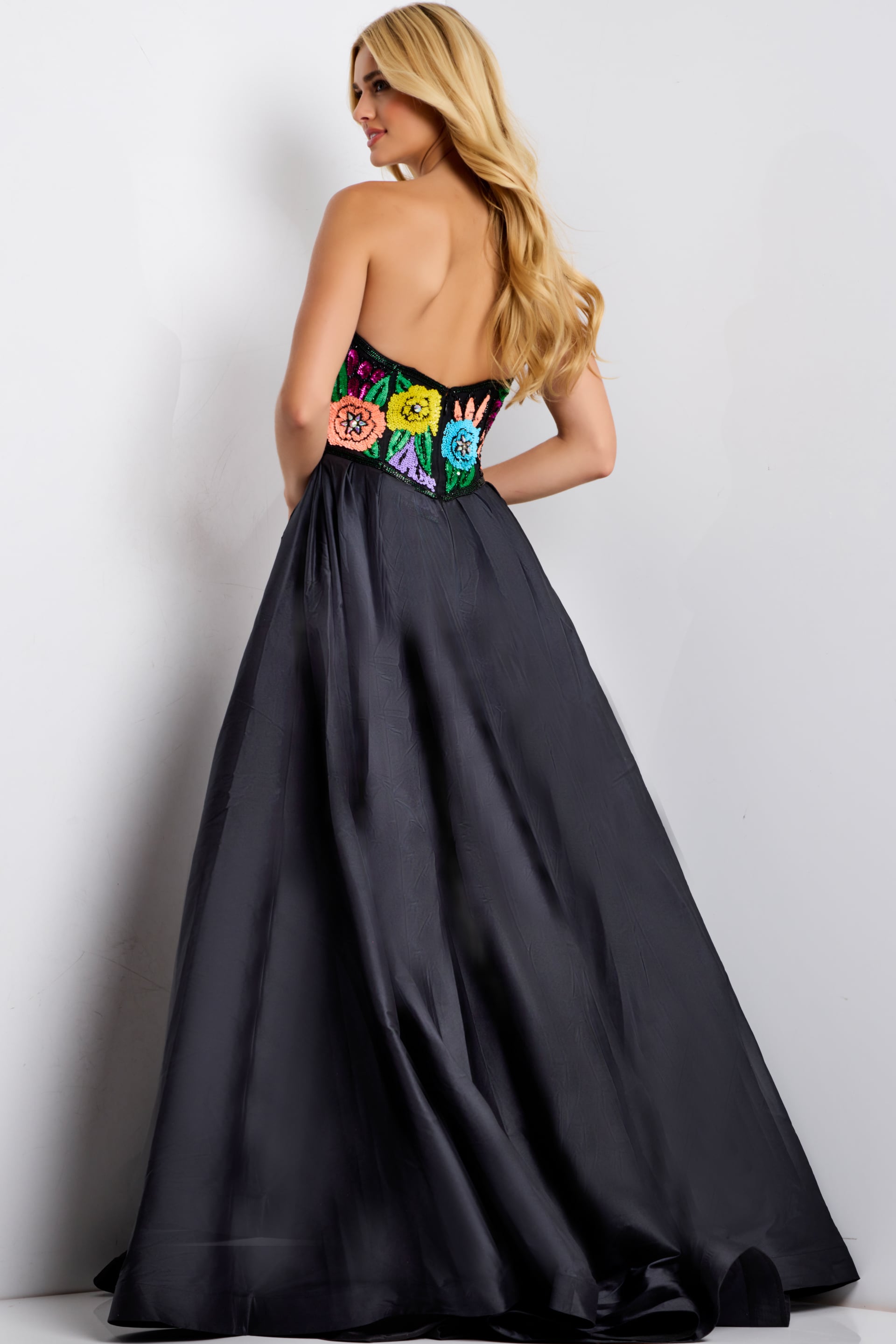 Jovani -49233 Floral Beaded Satin Pleated Ballgown