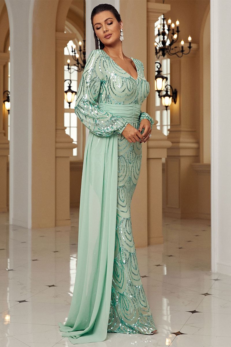 Azina -XJ1524 Long Sleeve V Neck Sequin Prom Dress