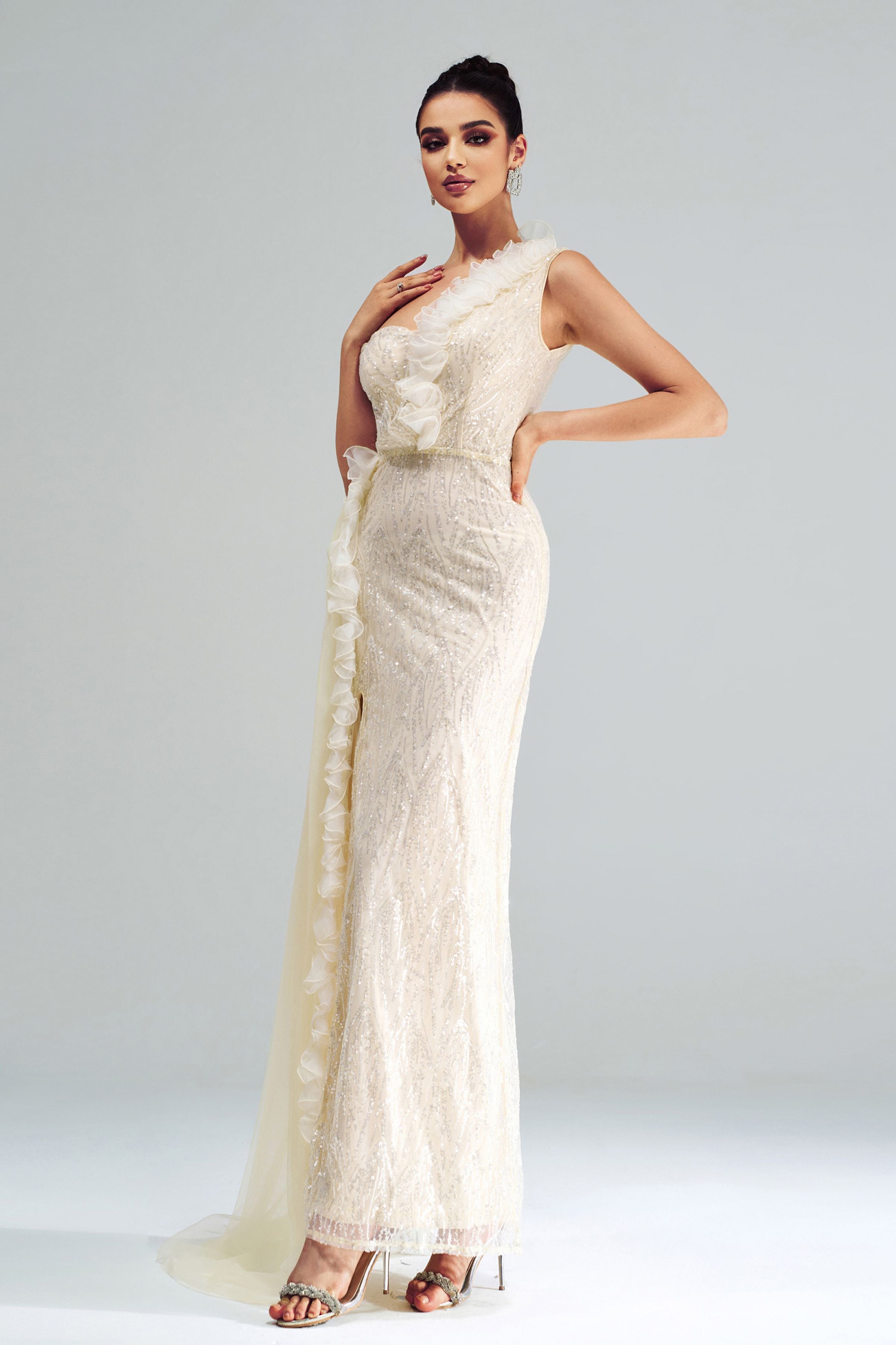 Azina -GM00215 Spaghetti Strap Appliqued Floral Split Dress