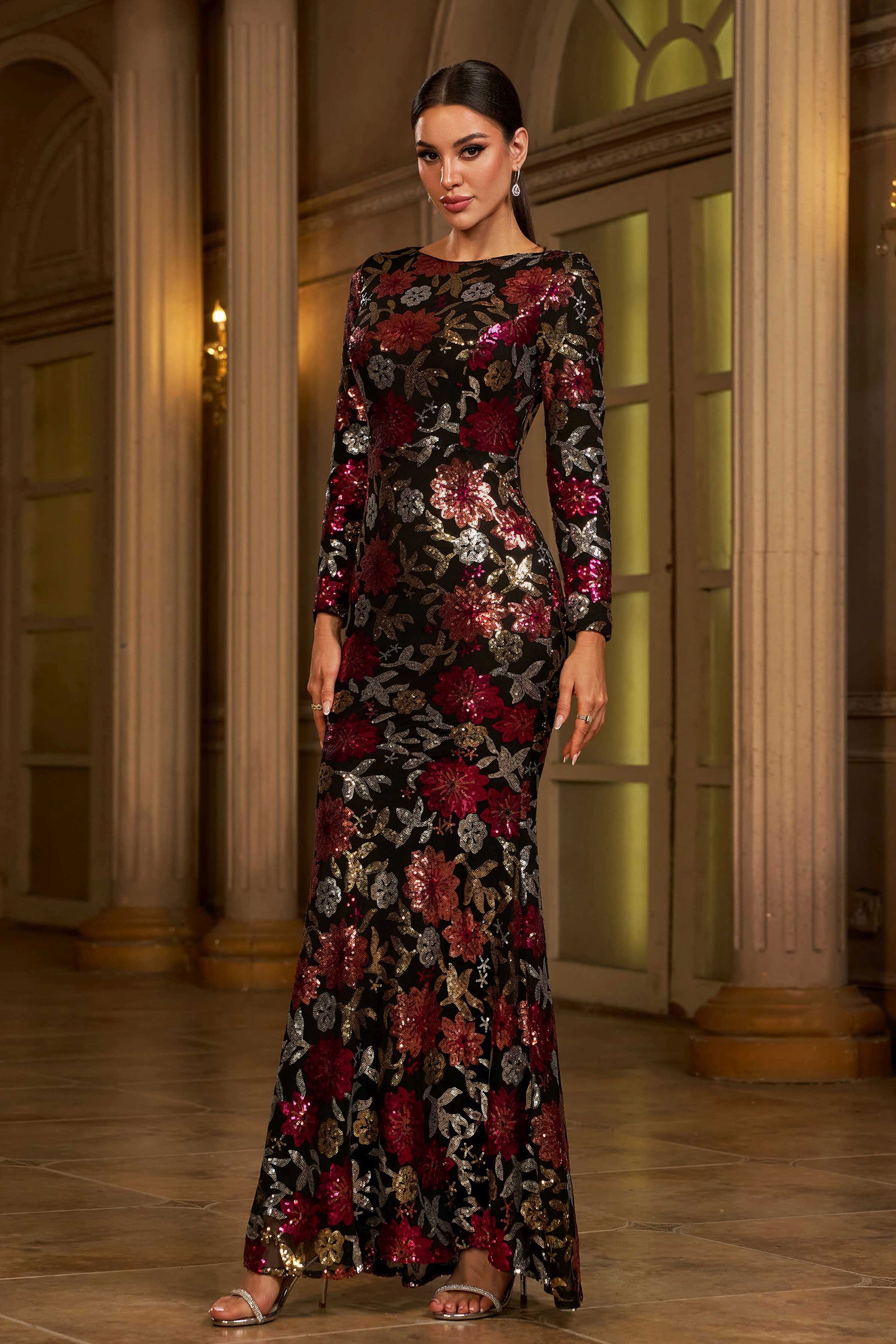 Azina -RJ10987 Long Sleeved Sequin Mermaid Evening Dress