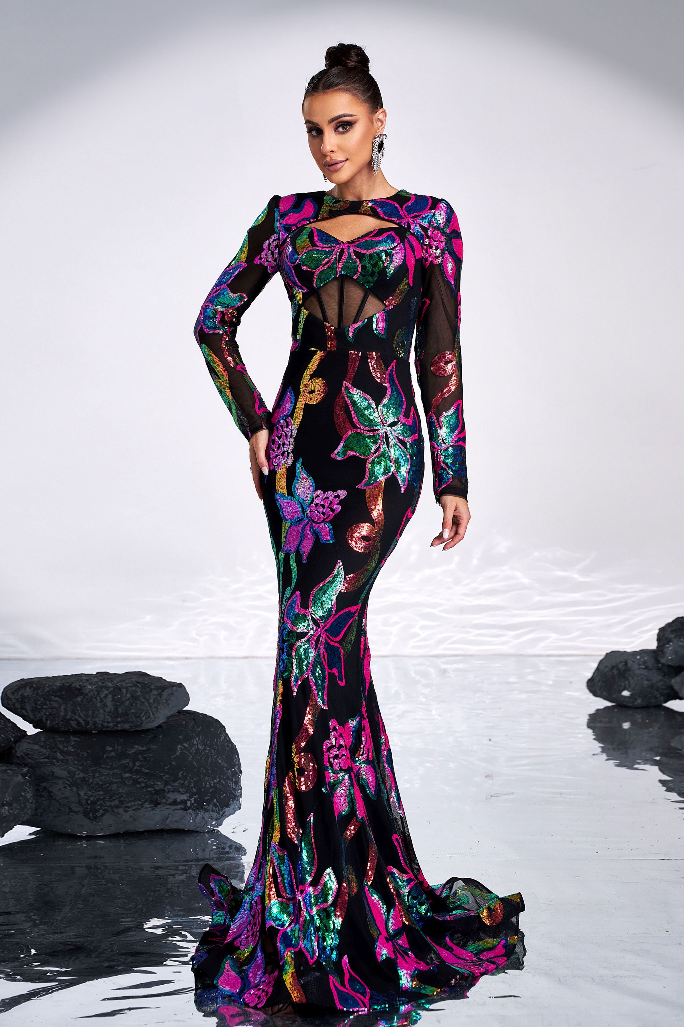 Azina -DH80214 Long Sleeves Dress With Colorful Sequins