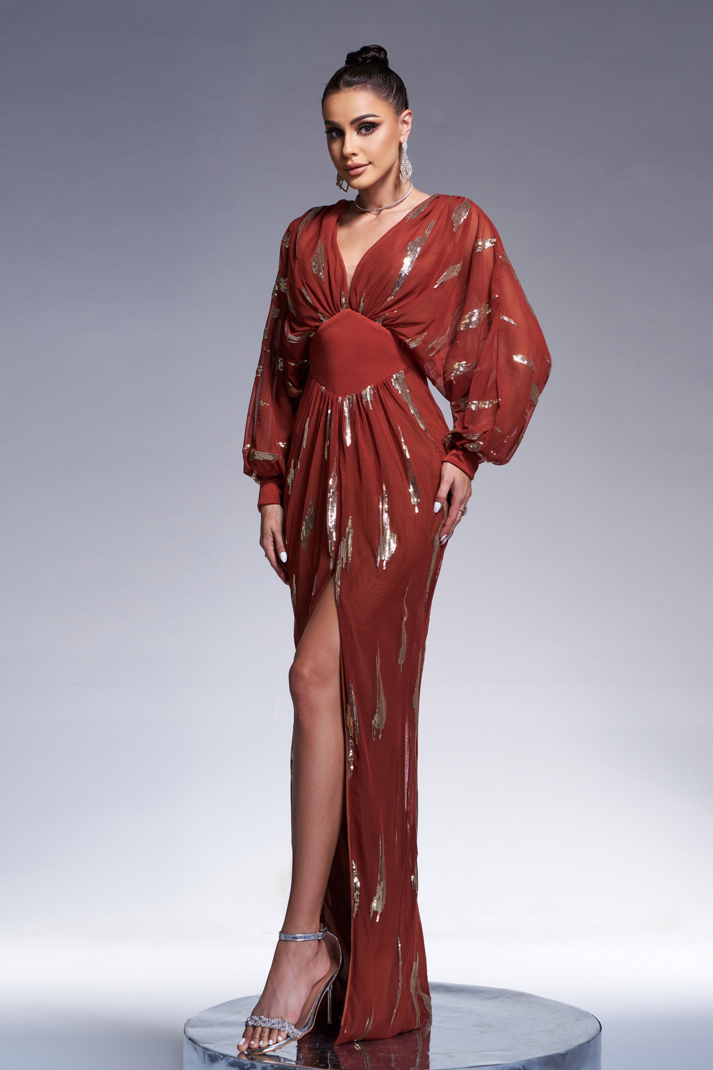 Azina -GM00626 V neck Long Sleeve Sequin Dress