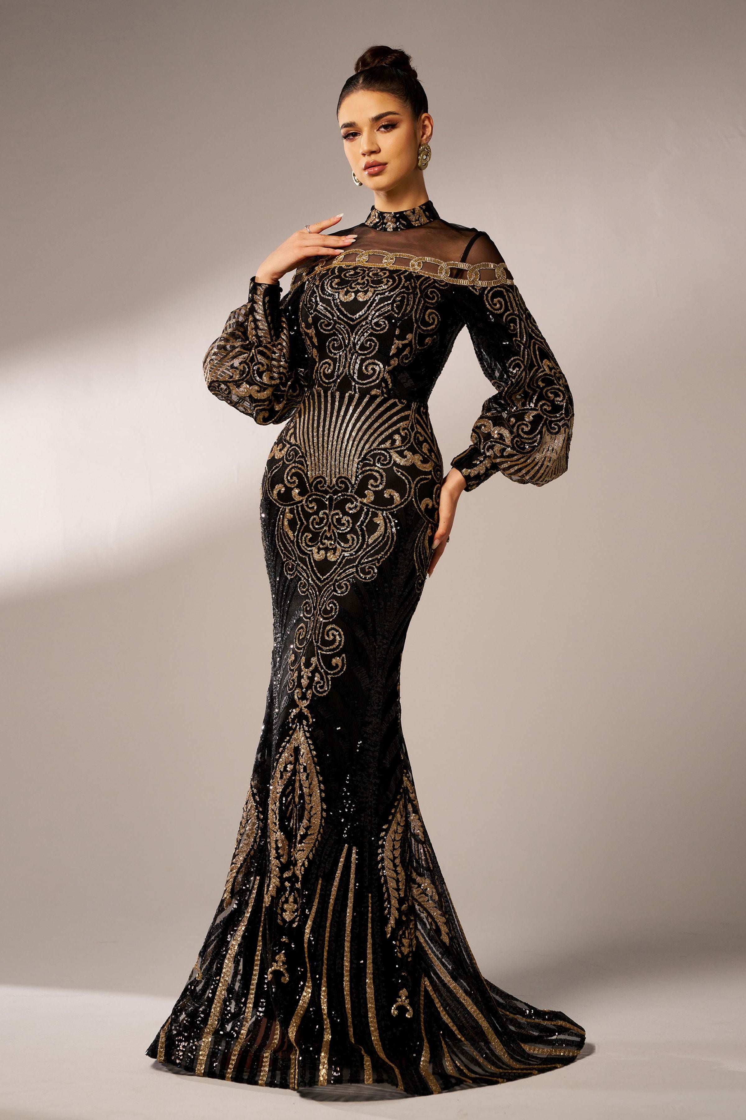 Azina -DH80229 Embroidered Long Sleeve Evening Dress