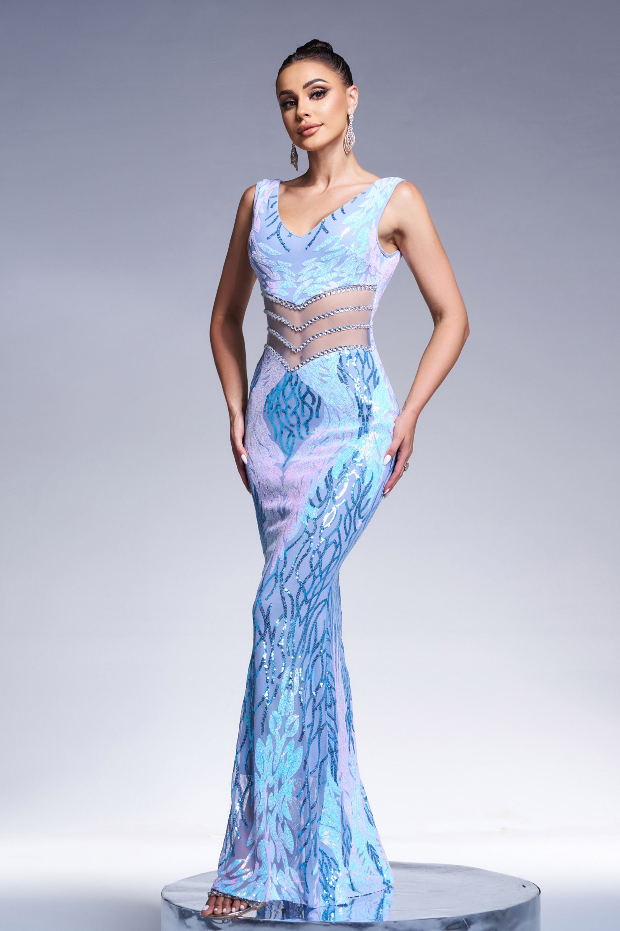 Azina -M01080 V-neck Sequin Mermaid Prom Dress