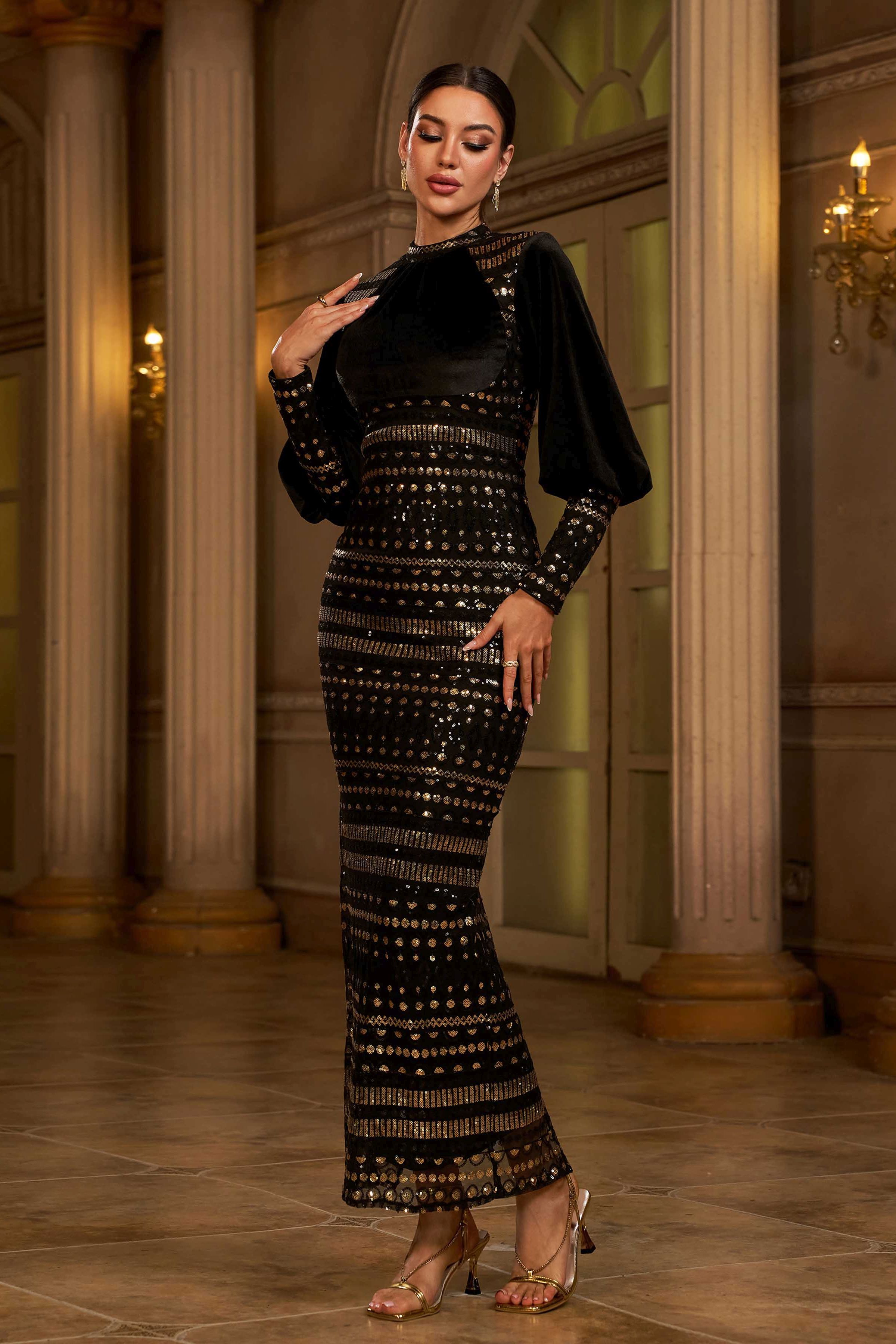 Azina -XJ1779 Round Neck Sequined Evening Dress