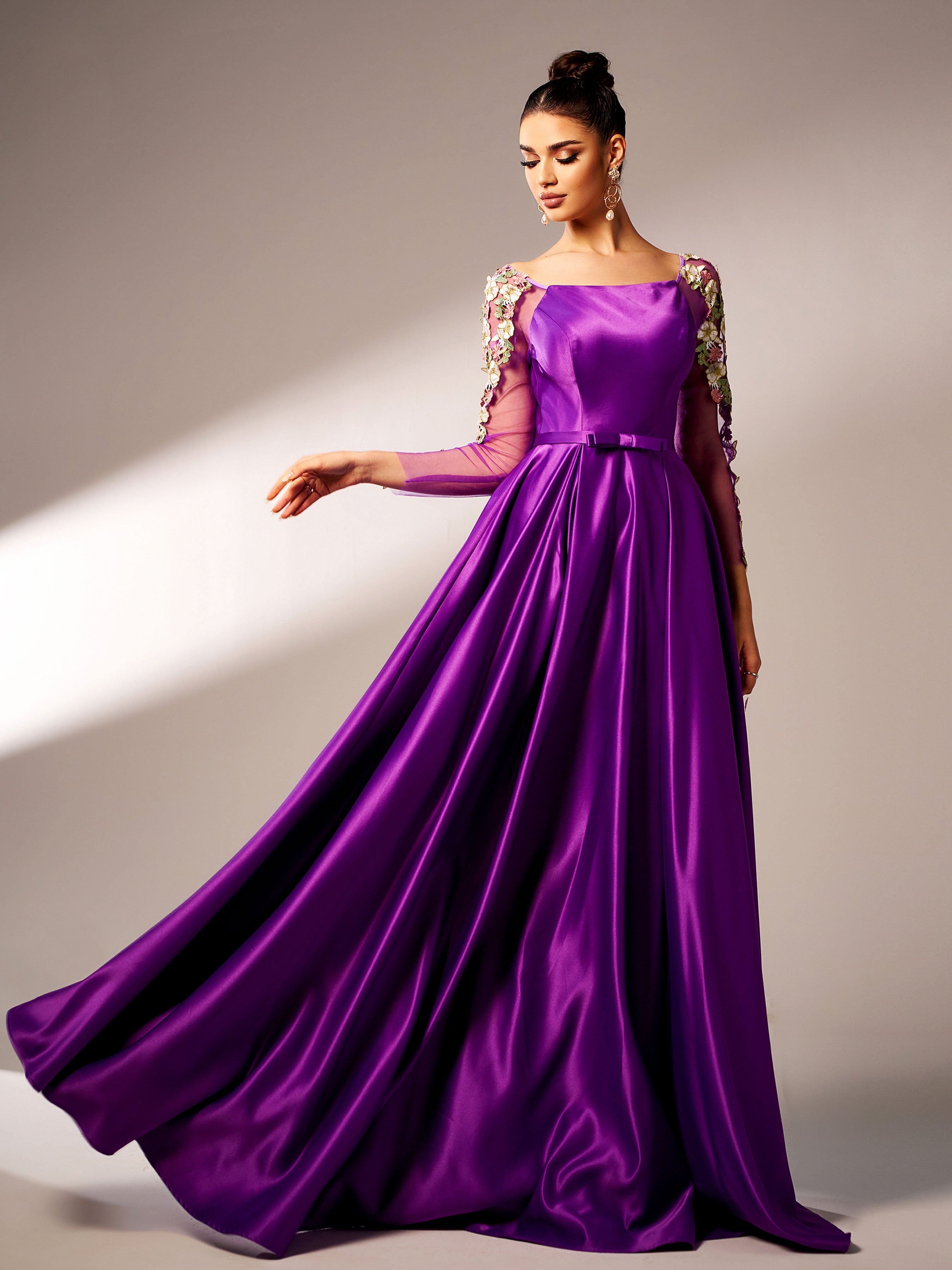 Azina -GM90144 Long Sleeve Square Satin A-line Gown