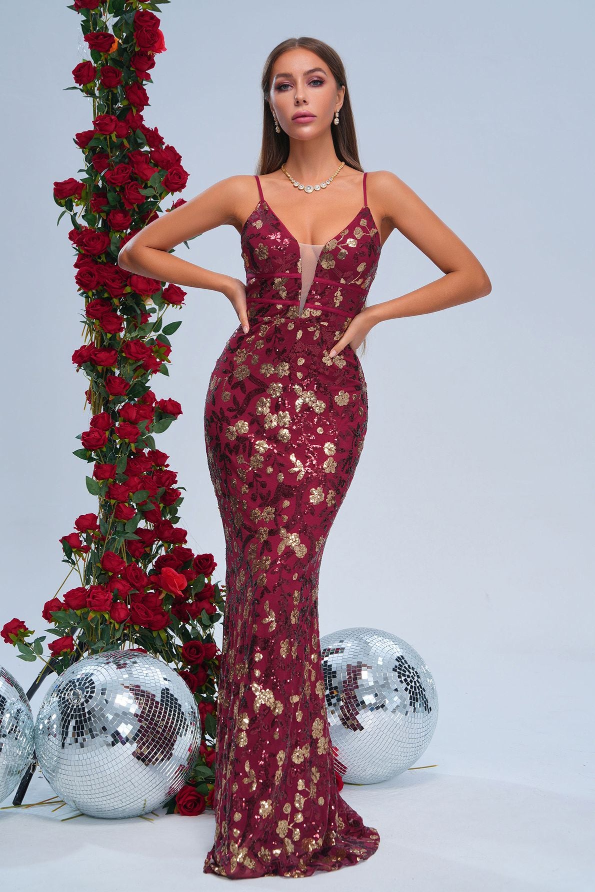 Azina -RJ11458 Floral Sequin V-Neck Gown