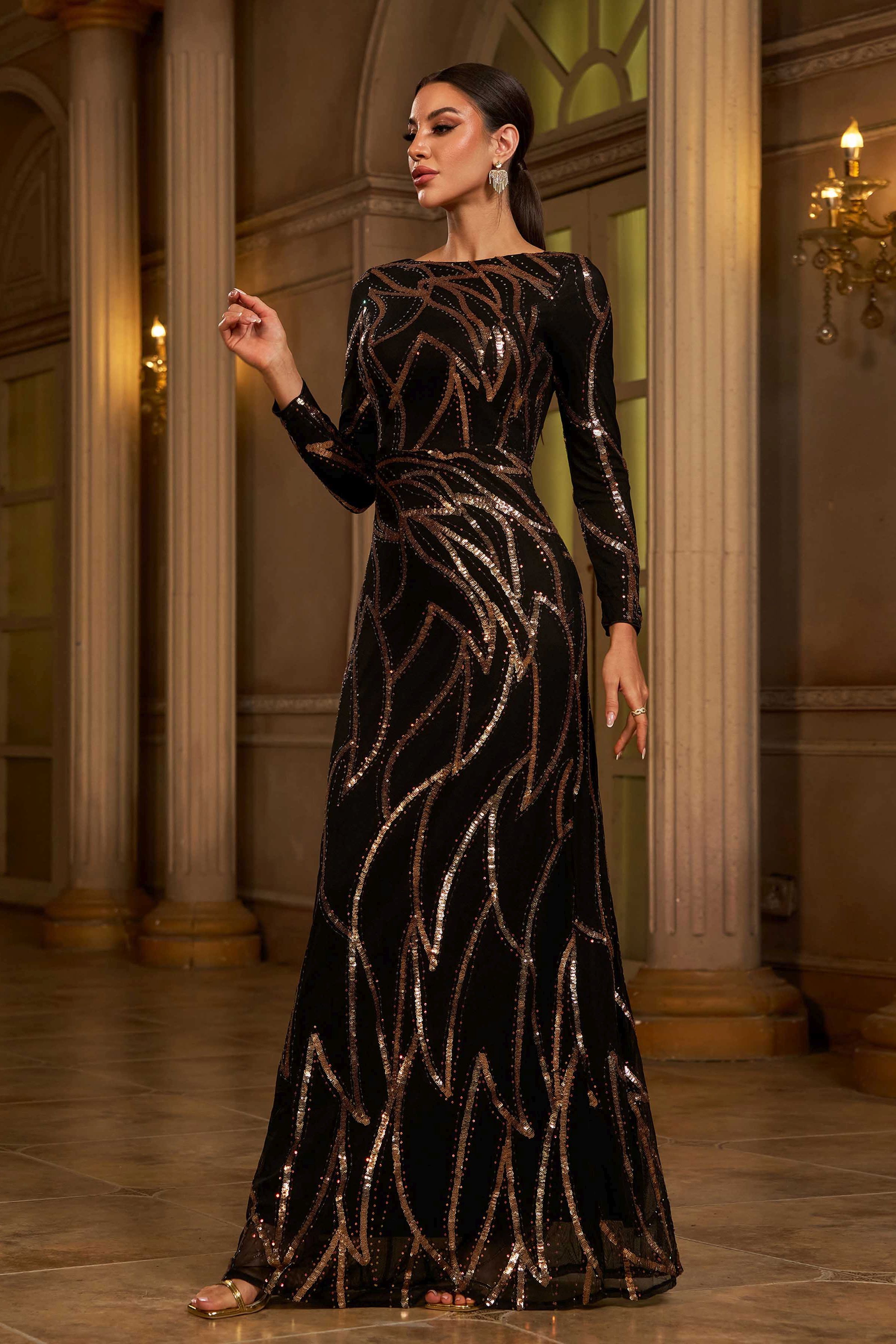 Azina -XJ1962 A-Line Long Sleeve Sequin Dress