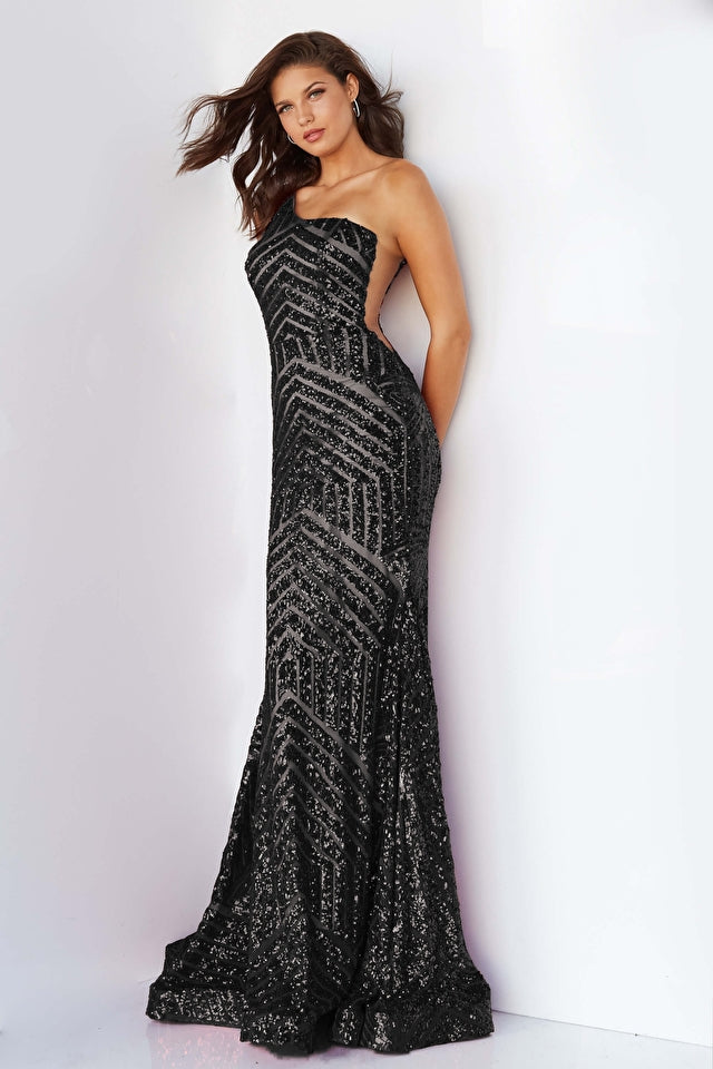 One Shoulder Sequin Fitted Prom Dress By Jovani -06017B