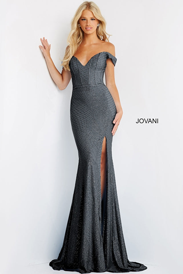Jovani -JVN06281 Glitter Off Shoulder V-Neck Prom Dress