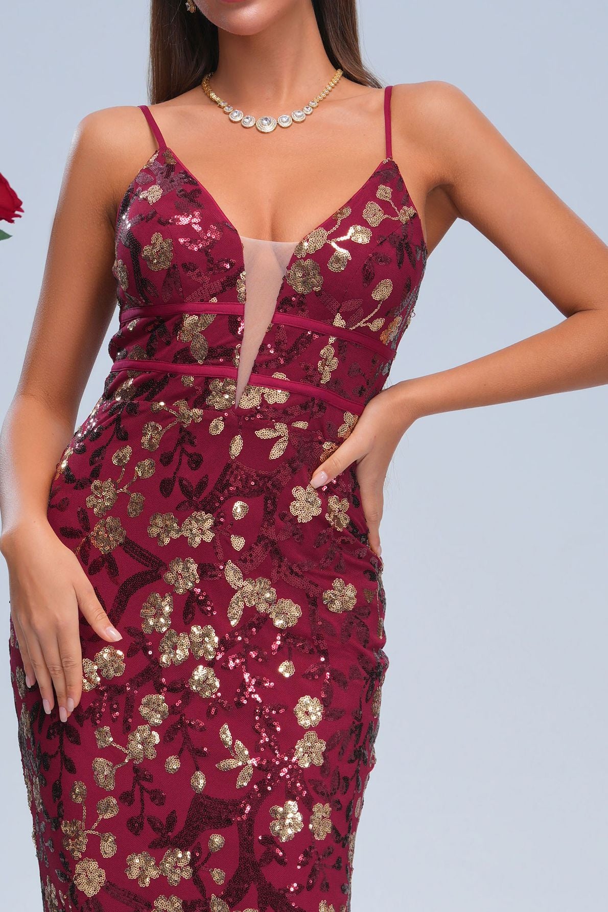 Azina -RJ11458 Floral Sequin V-Neck Gown