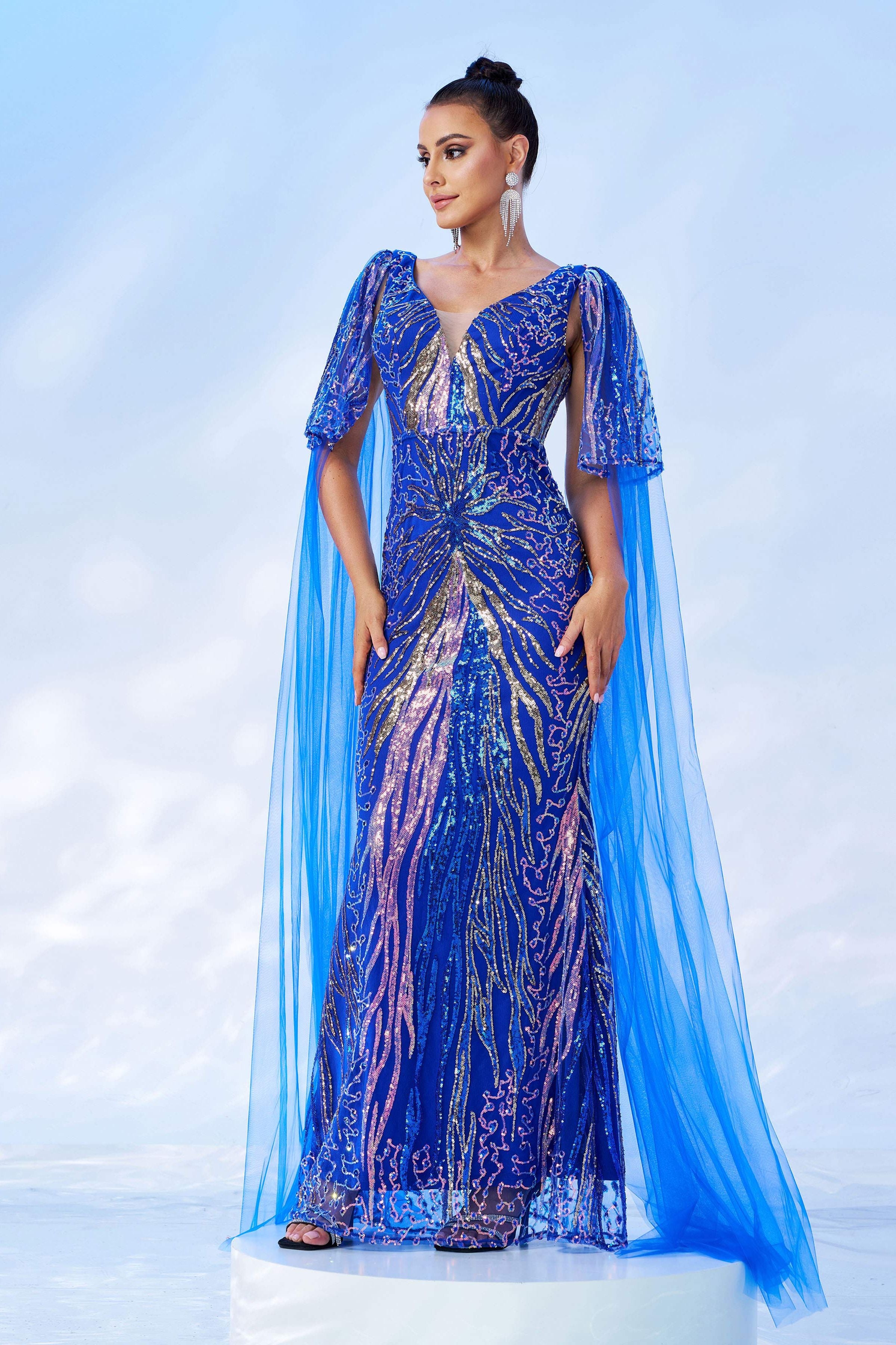 Azina -GM00442 V Neck Sequin Mermaid Evening Gown