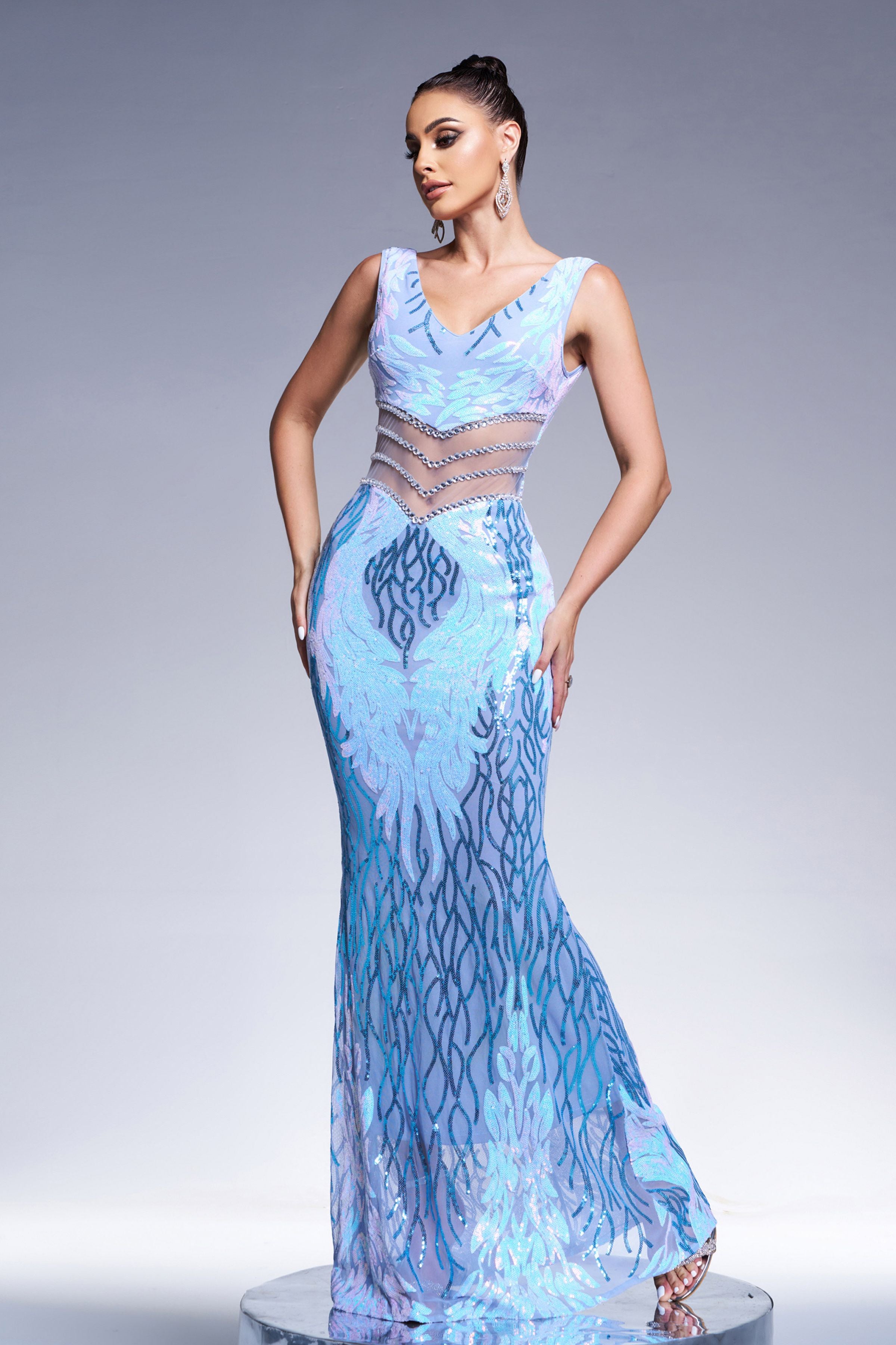 Azina -M01080 V-neck Sequin Mermaid Prom Dress
