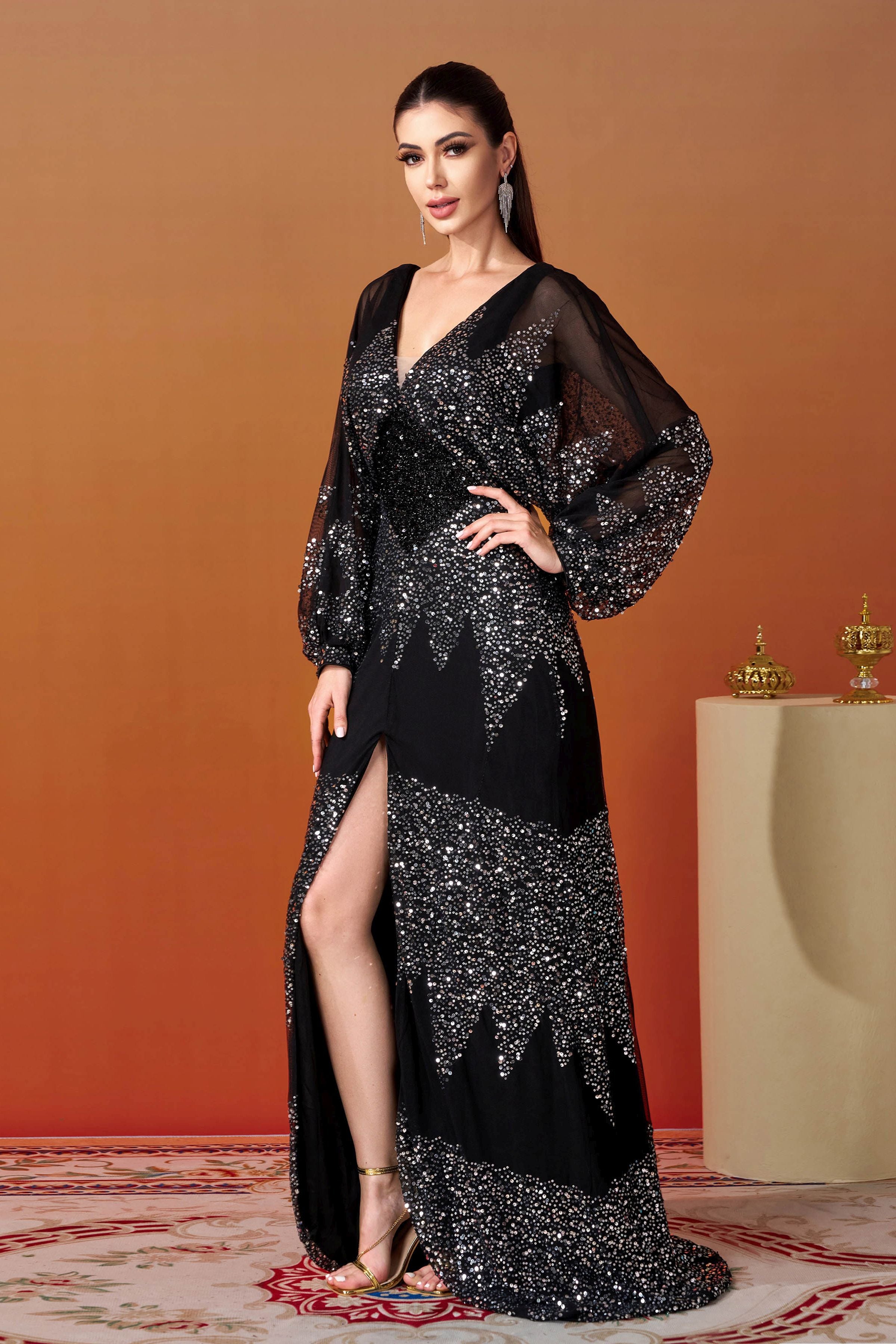 Azina -RM21107 V-Neck Sleeve Sequin Gown