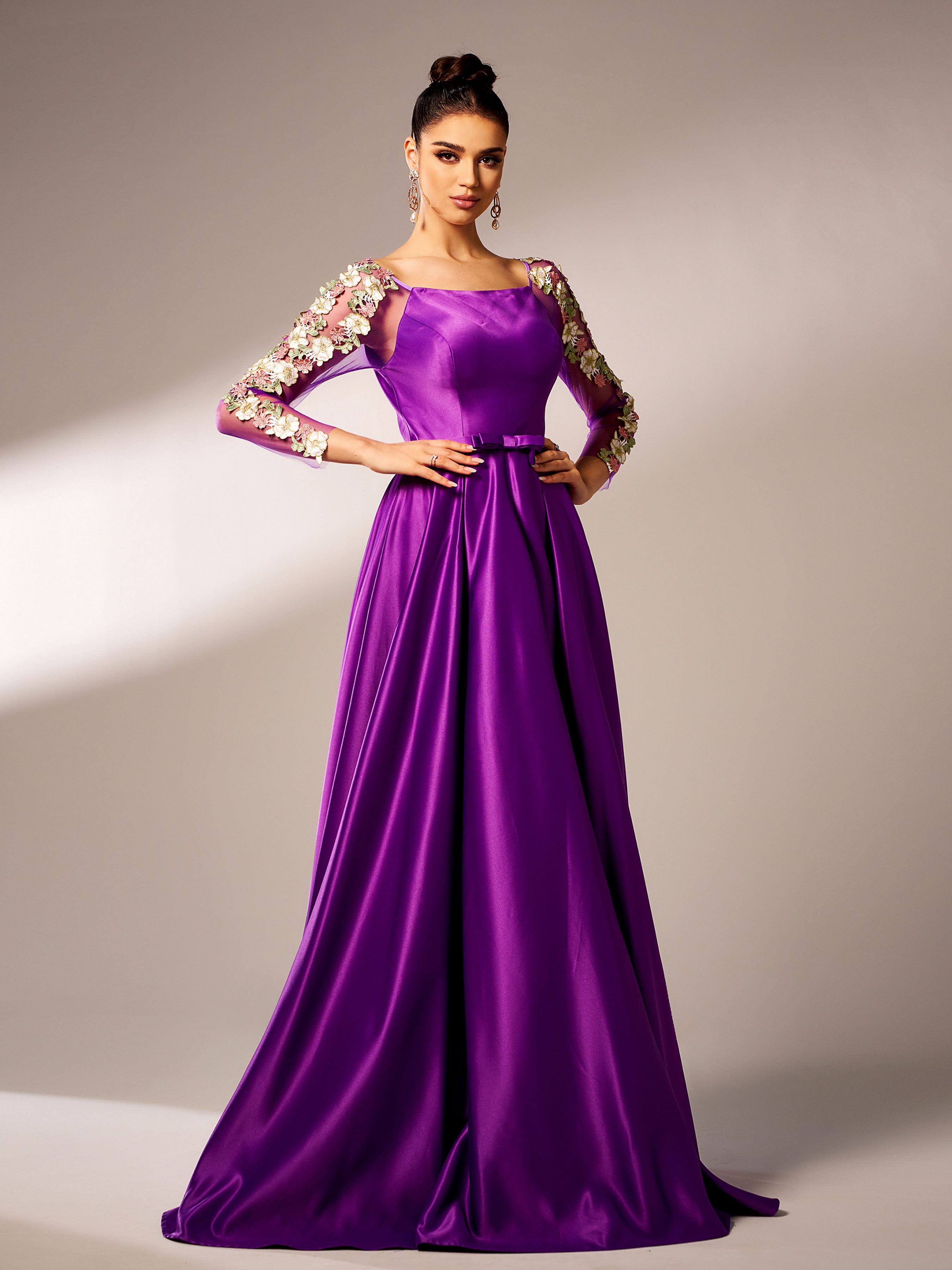 Azina -GM90144 Long Sleeve Square Satin A-line Gown