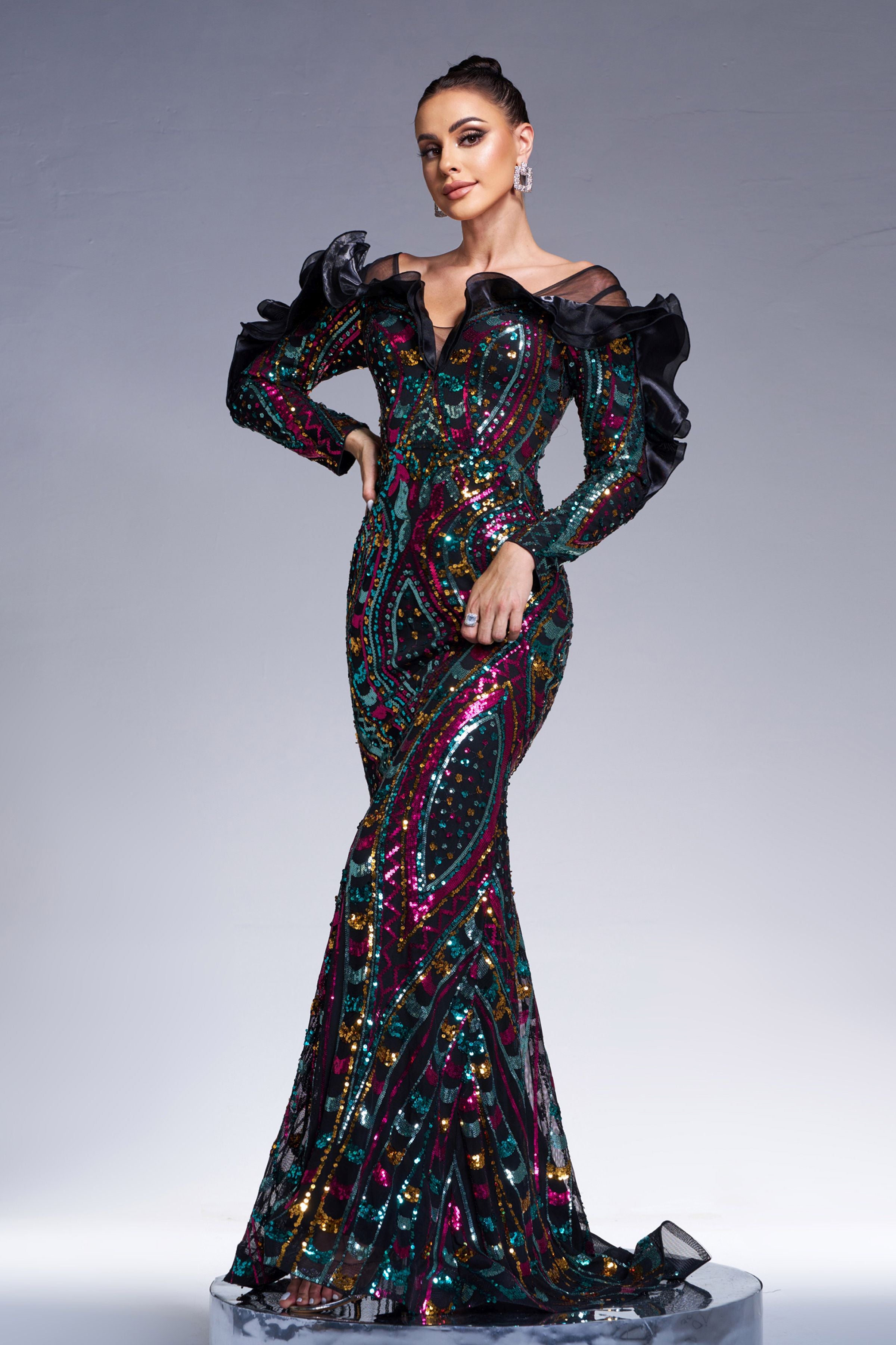 Azina -DH80242 Ruffled Sequin Mermaid Formal Dress