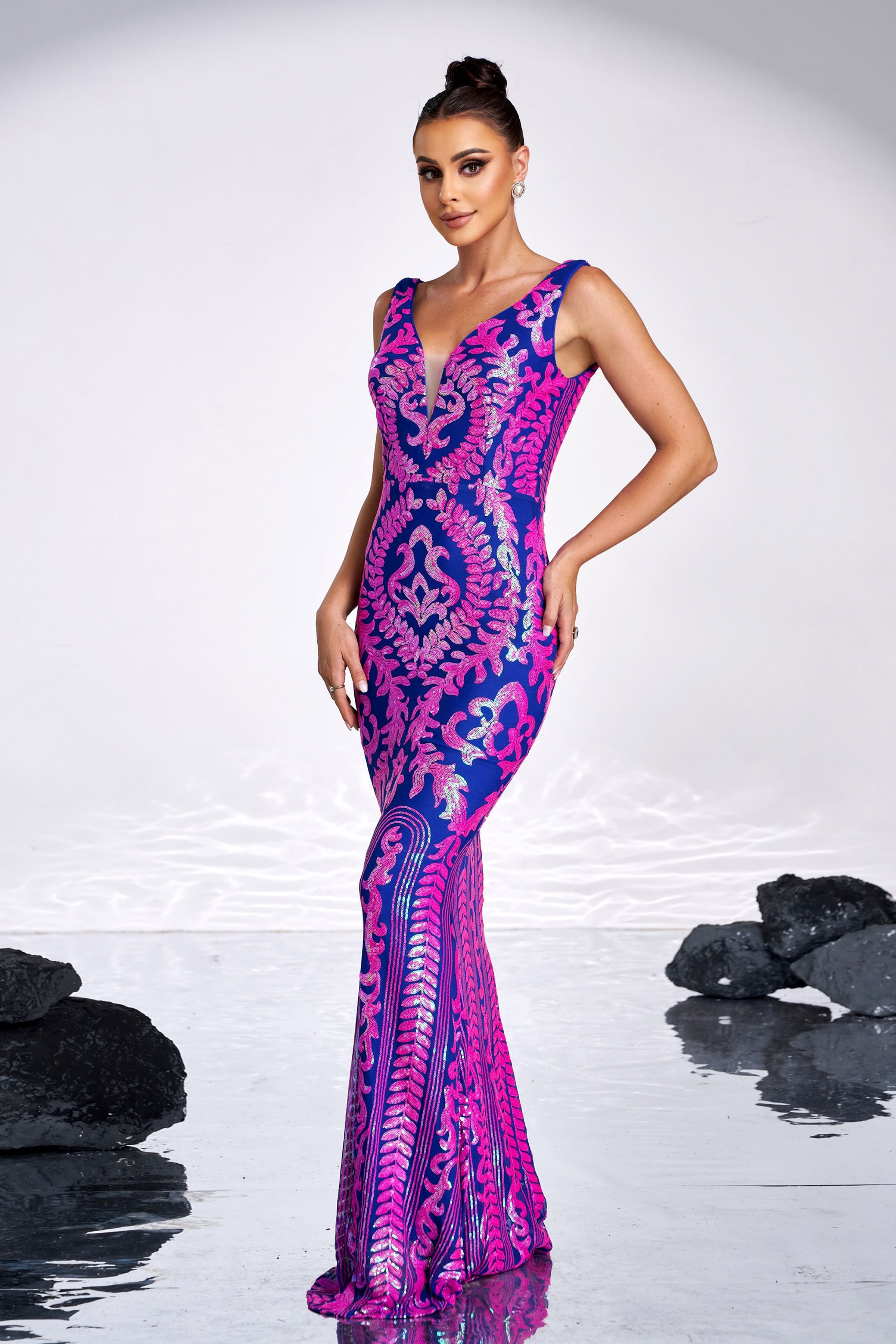 Azina -XJ2305 V Neck Sleeveless Tribal Sequin Dress