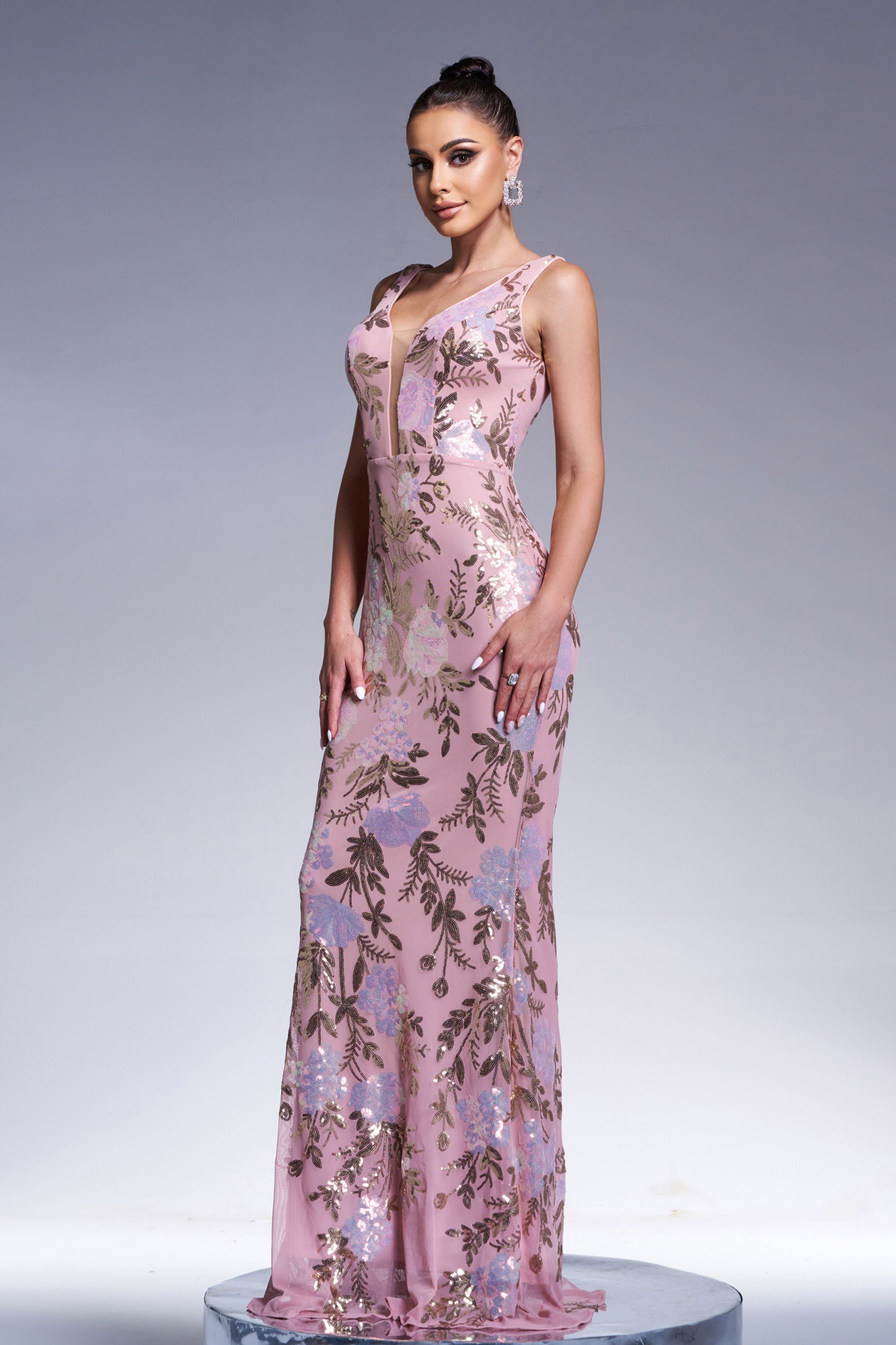 Azina -XJ1986 Floral Sleeveless Sequin Evening Dress