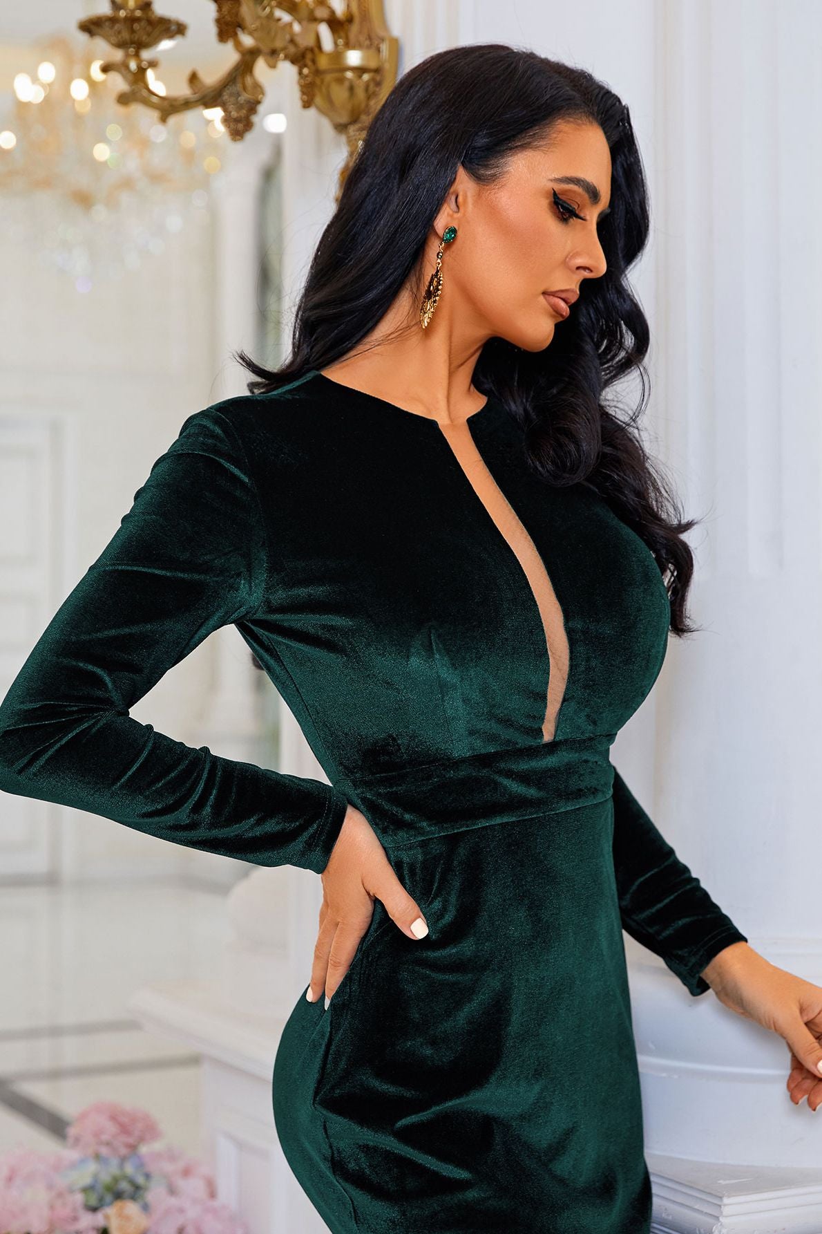 Azina -XJ940 Mesh Insert Velvet Prom Dress