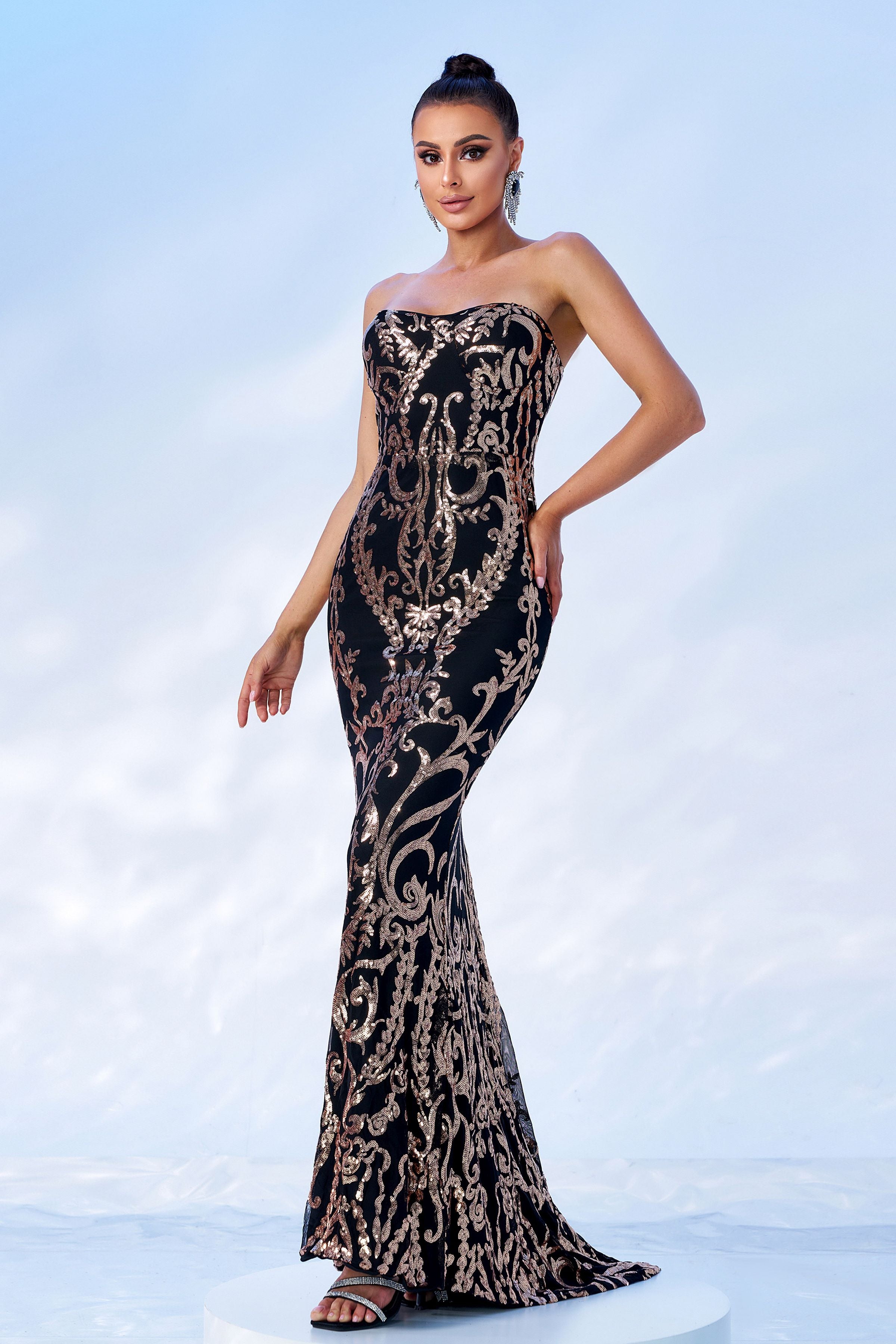 Azina -FT8888 Sequin Fitted Strapless Sheath Gown