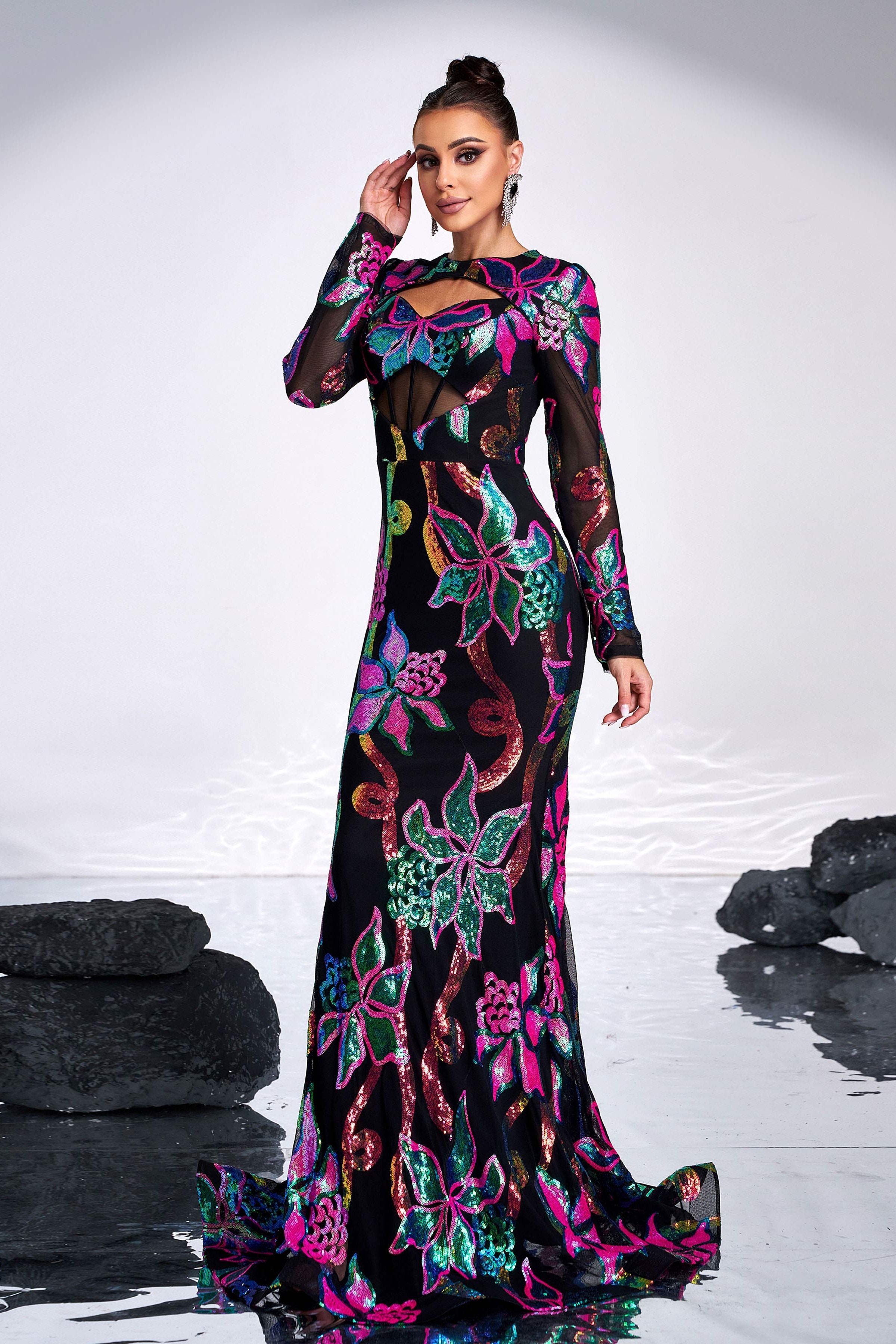 Azina -DH80214 Long Sleeves Dress With Colorful Sequins