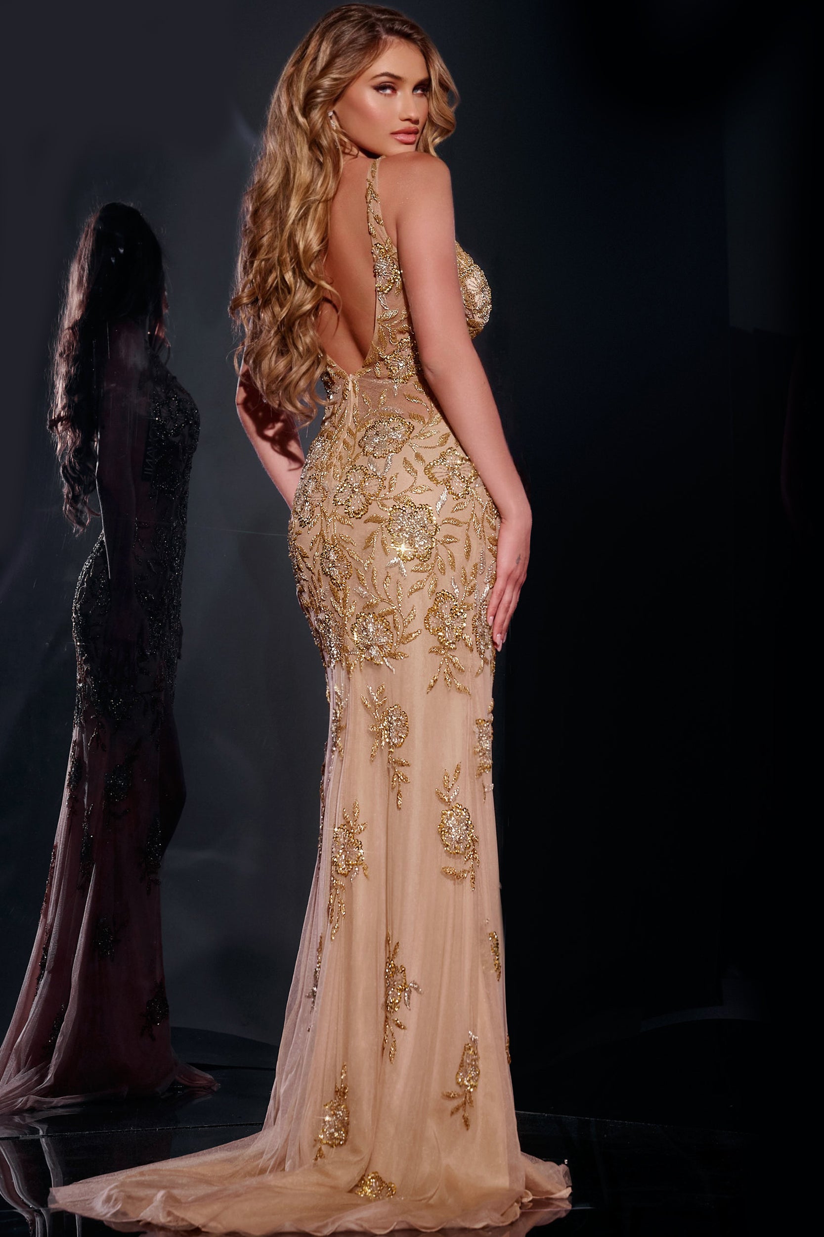 Jovani -07355 V-Neck Beaded Prom Sheath Dress