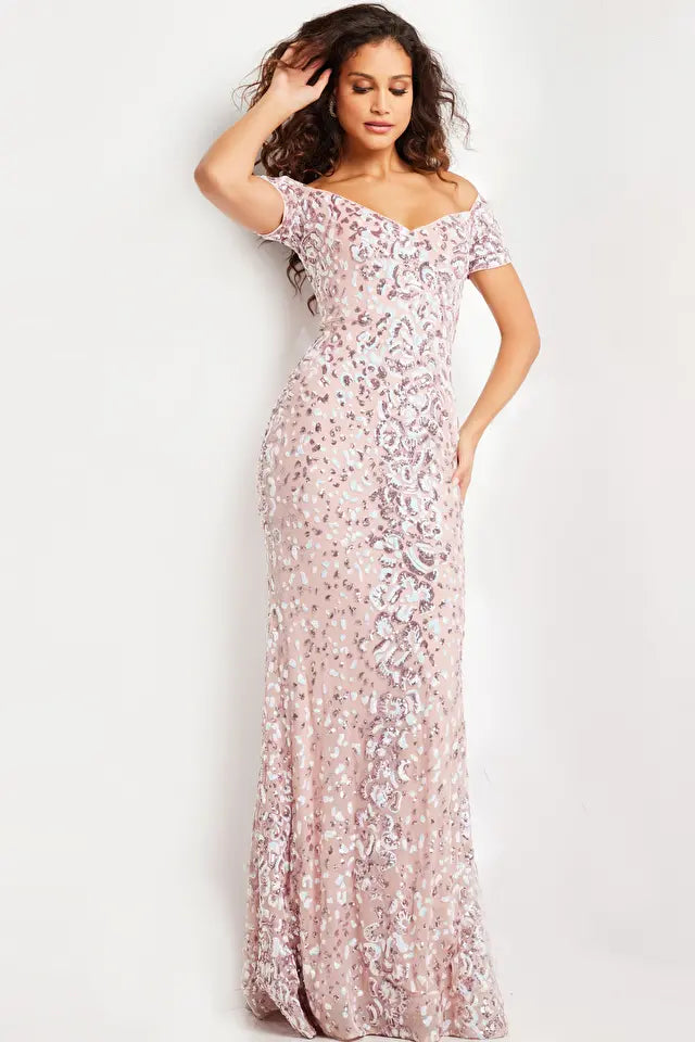 Jovani -07458 Off-Shoulder Sequin Embellished Dress