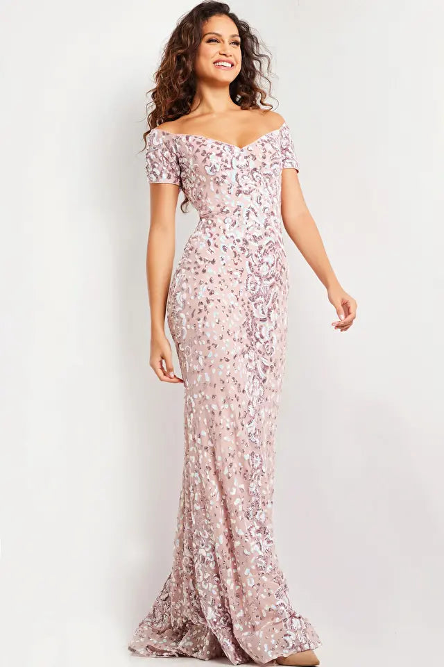 Jovani -07458 Off-Shoulder Sequin Embellished Dress