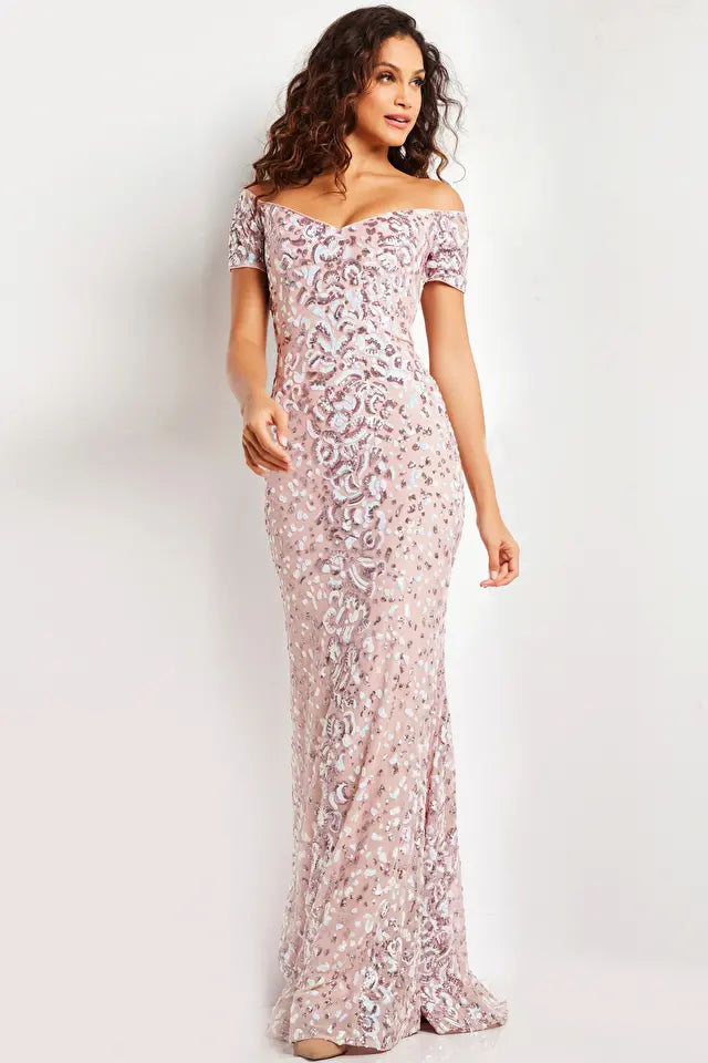 Jovani -07458 Off-Shoulder Sequin Embellished Dress