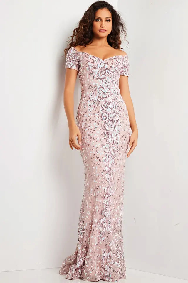 Jovani -07458 Off-Shoulder Sequin Embellished Dress