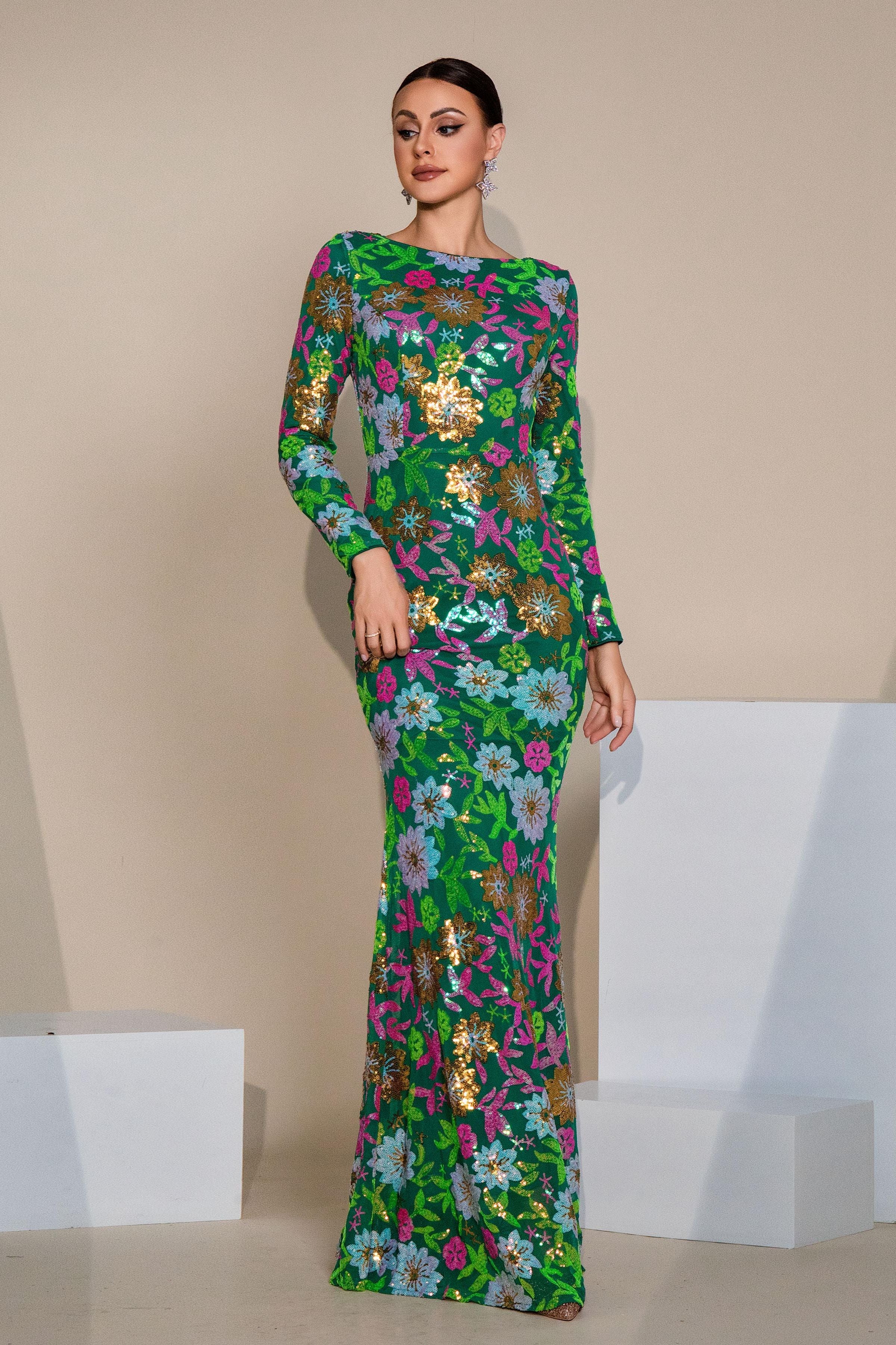 Azina -RJ10987 Long Sleeved Sequin Mermaid Evening Dress