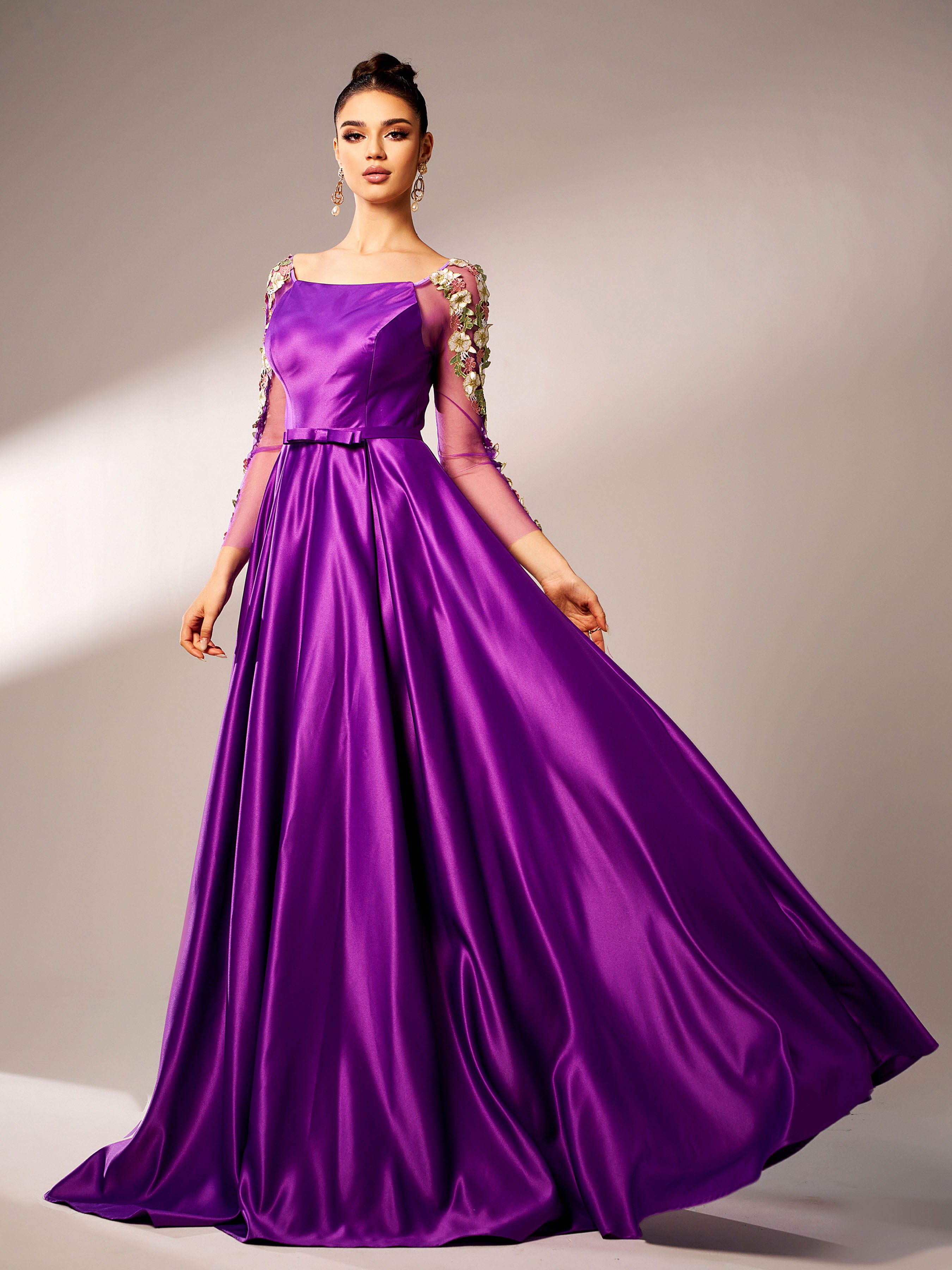 Azina -GM90144 Long Sleeve Square Satin A-line Gown