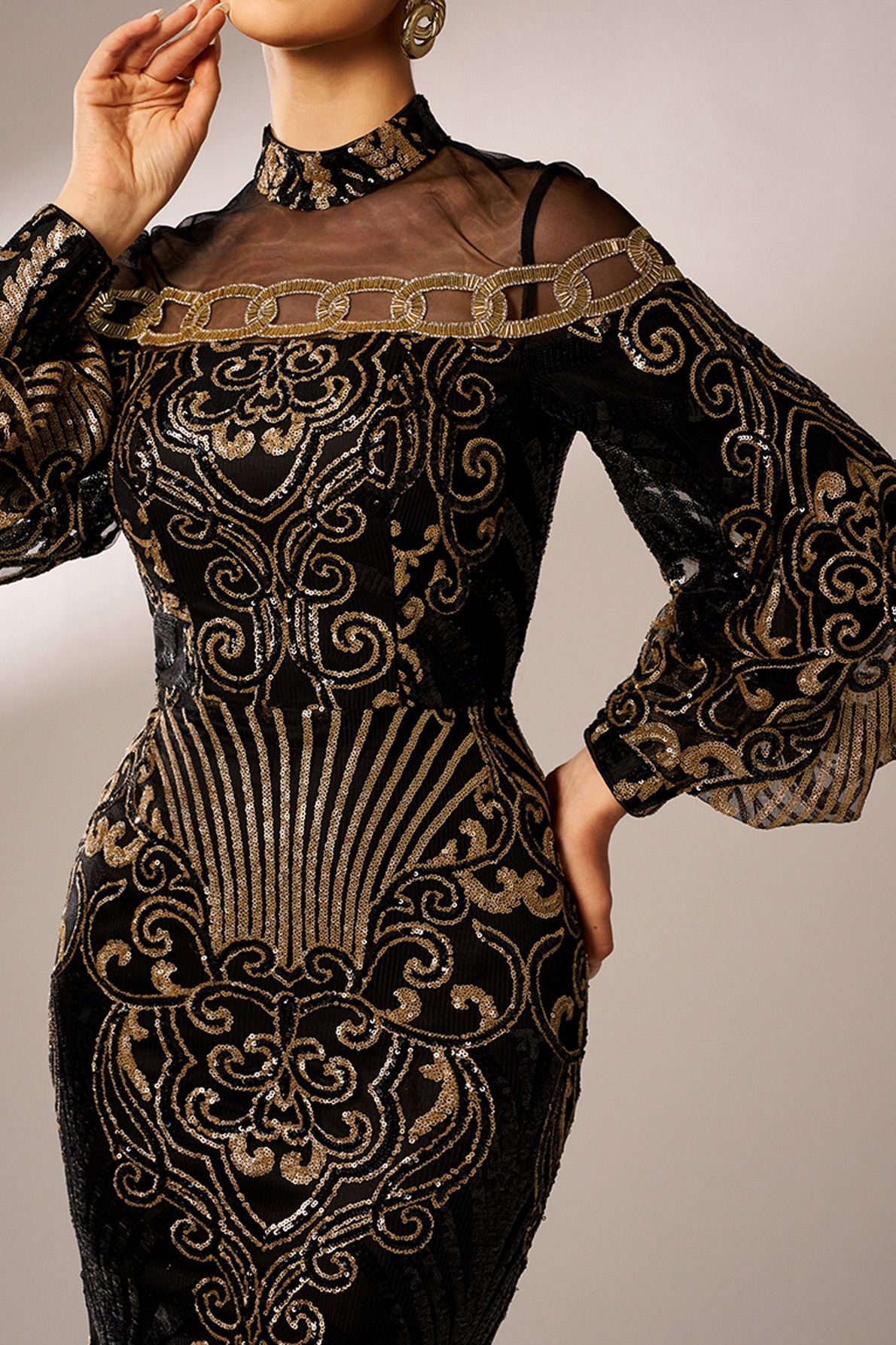 Azina -DH80229 Embroidered Long Sleeve Evening Dress