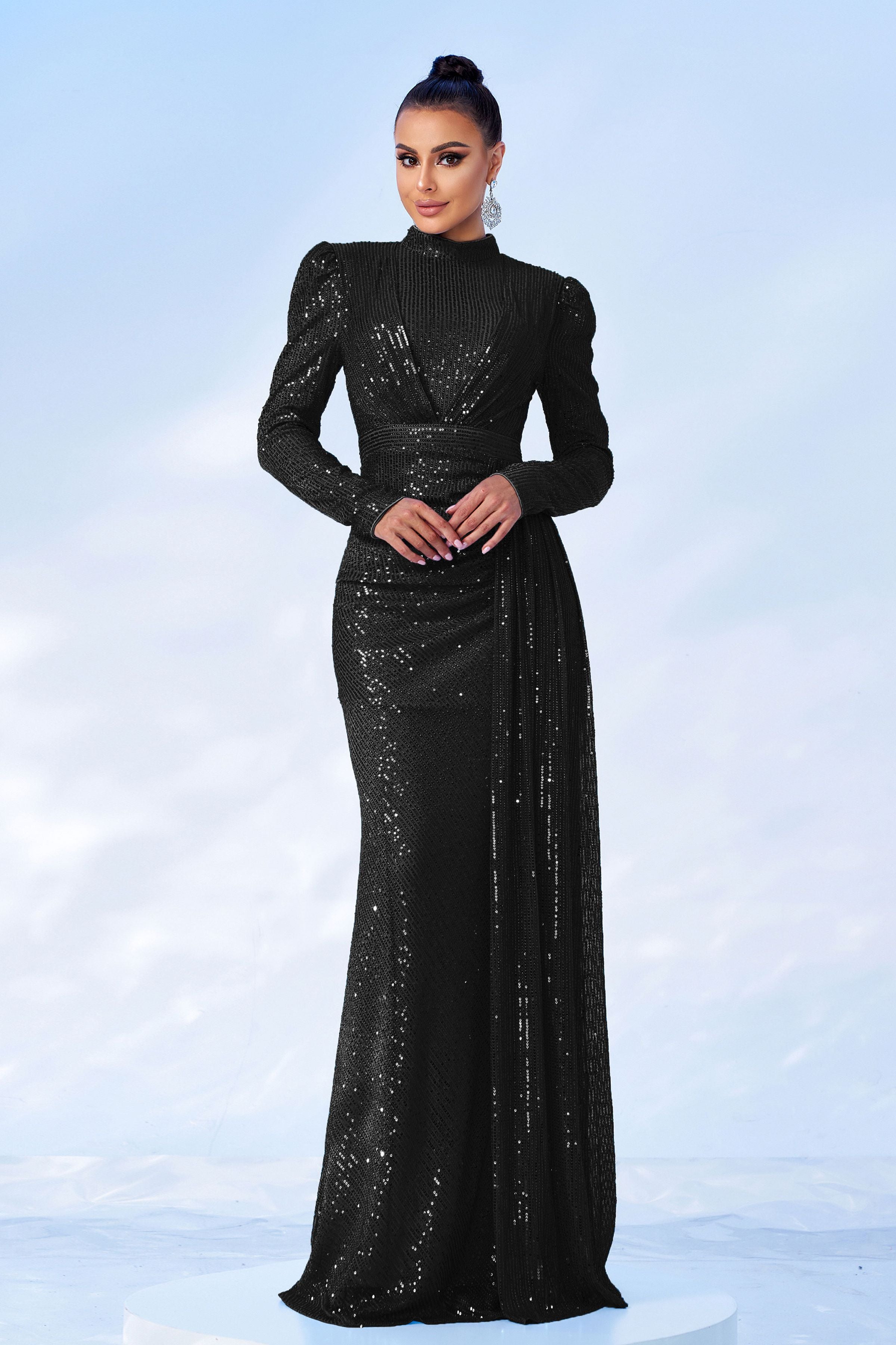 Azina -RJ11834 Long Sleeve Round Neck Sequined Dress