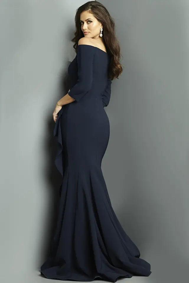 Jovani -09623B Crepe Off-Shoulder Quarter Sleeve Dress