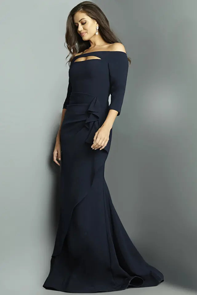 Jovani -09623B Crepe Off-Shoulder Quarter Sleeve Dress