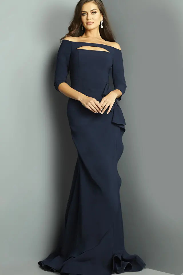 Jovani -09623B Crepe Off-Shoulder Quarter Sleeve Dress