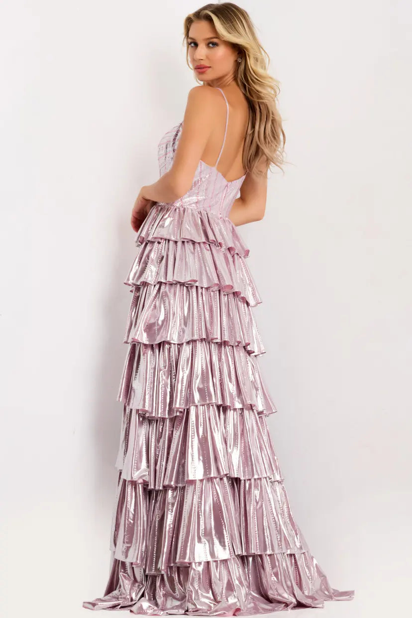Jovani -48341B Sweetheart Metallic Tiered Ruffle Gown