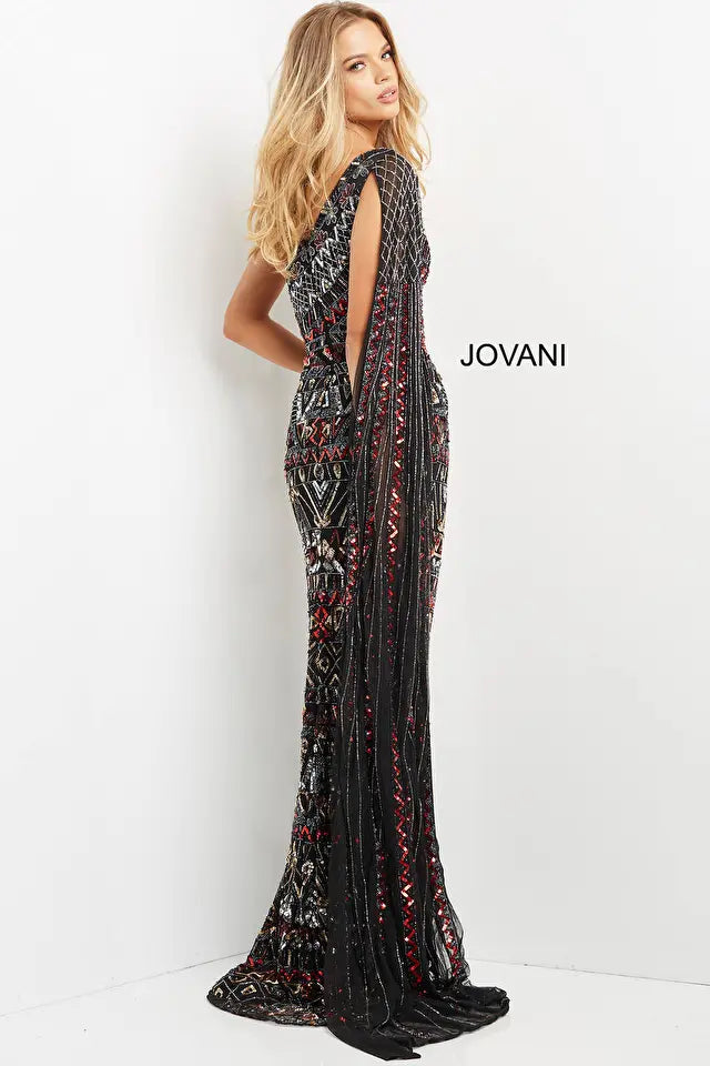 Jovani -08450 Asymmetric with Shoulder Cape Long Dress