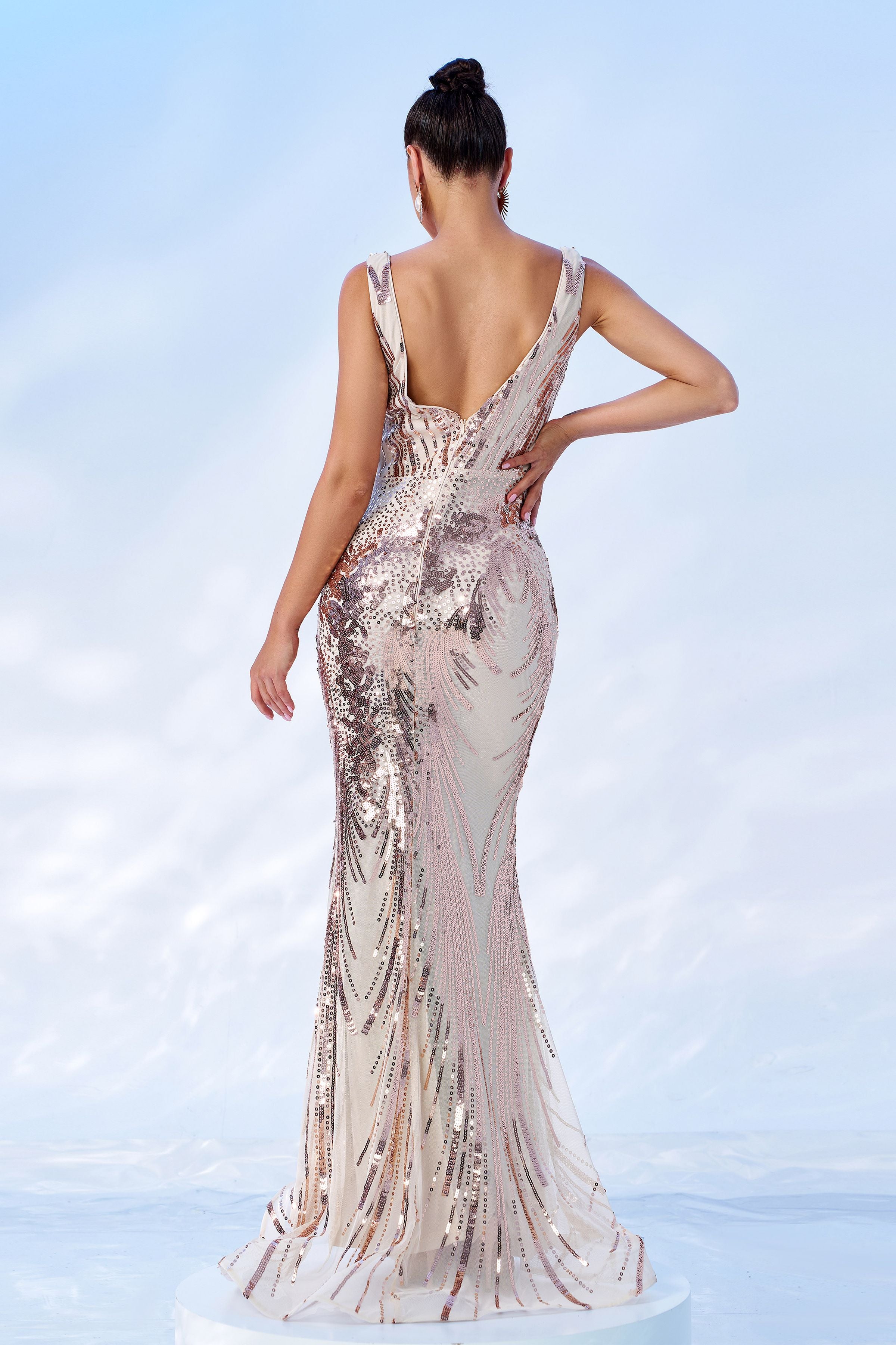Azina -RM21551 V-neck Floral Sequin Mermaid Dress