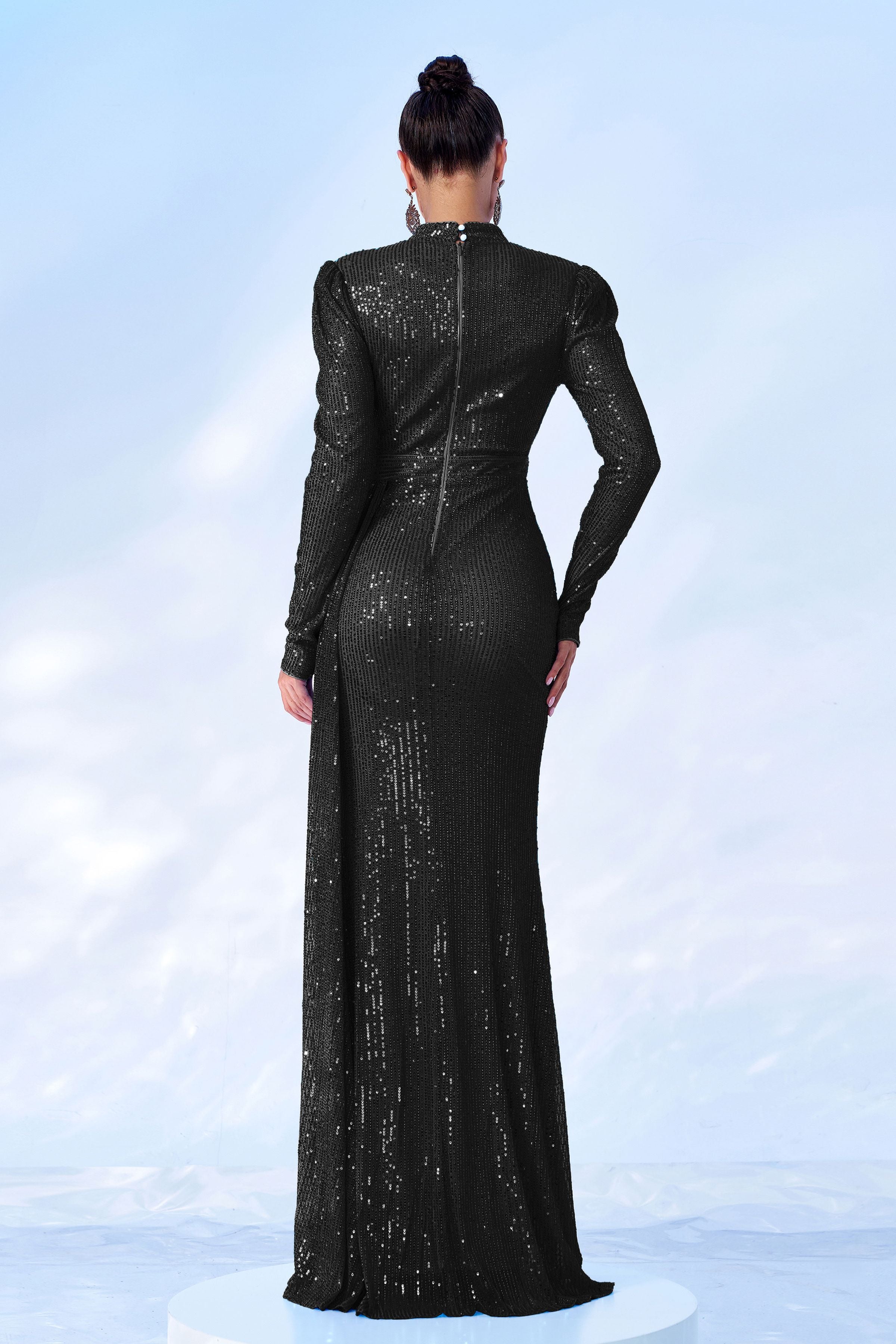 Azina -RJ11834 Long Sleeve Round Neck Sequined Dress
