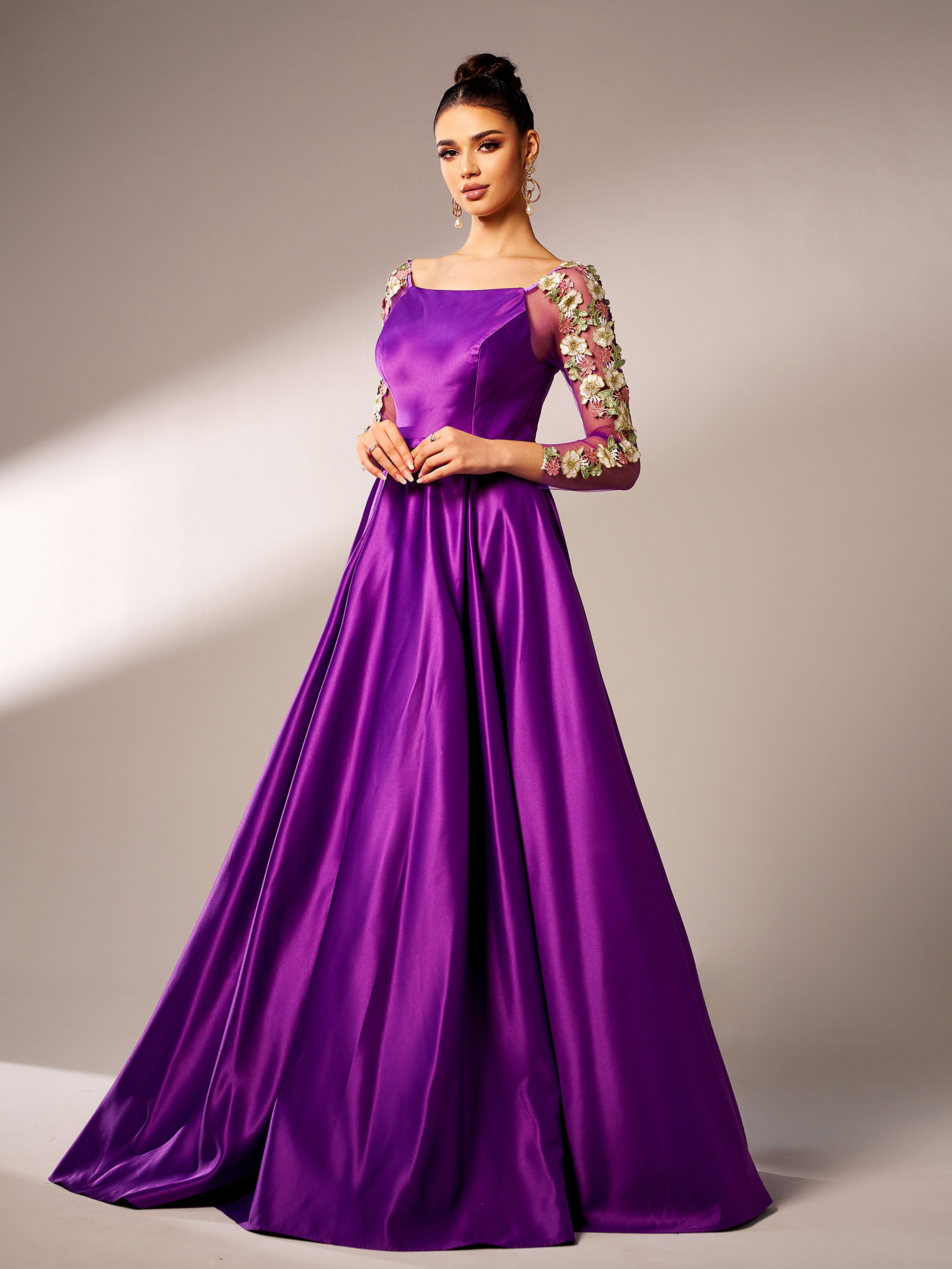 Azina -GM90144 Long Sleeve Square Satin A-line Gown