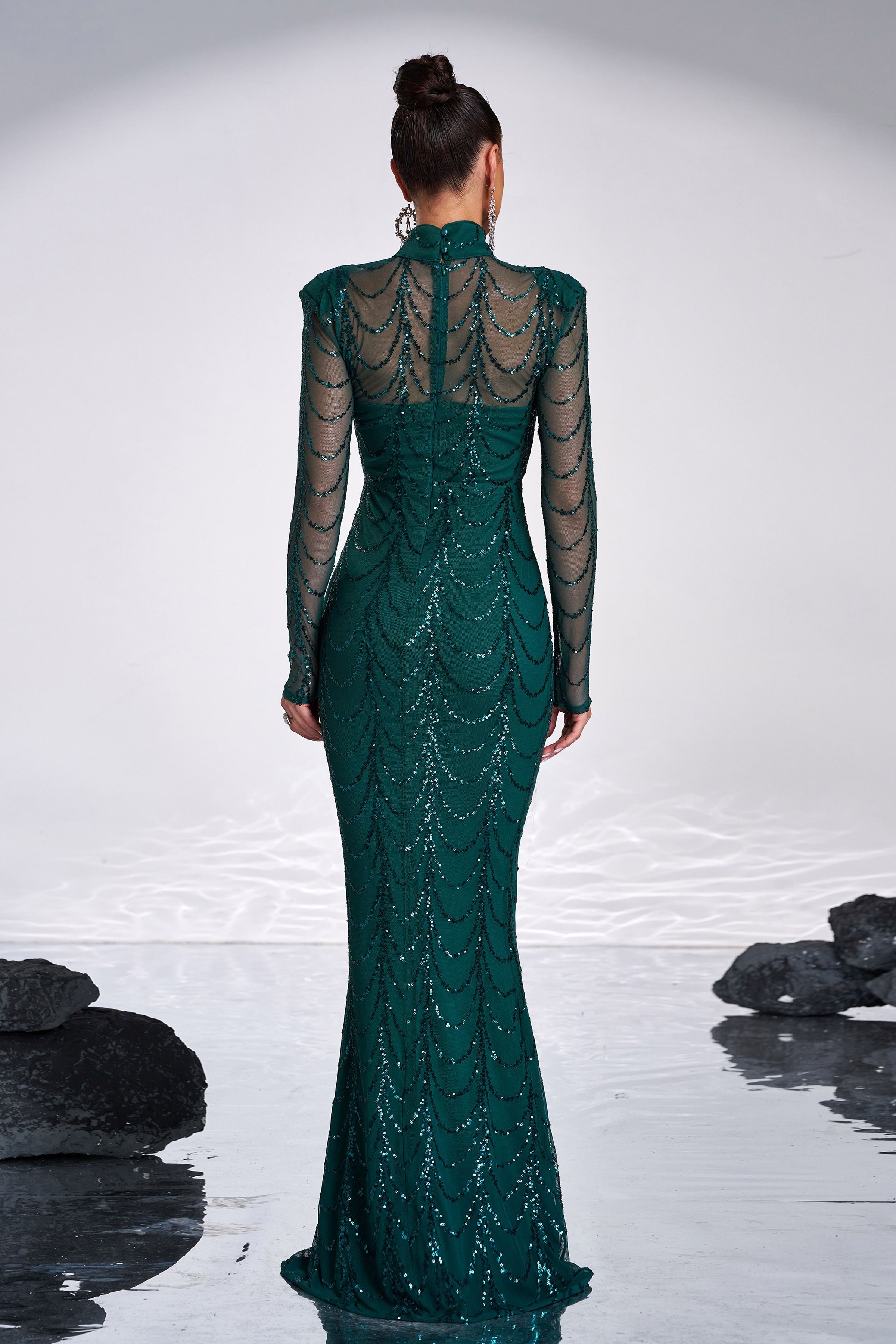 Azina -M0032 Mock-Neck Sequin Mesh Prom Dress