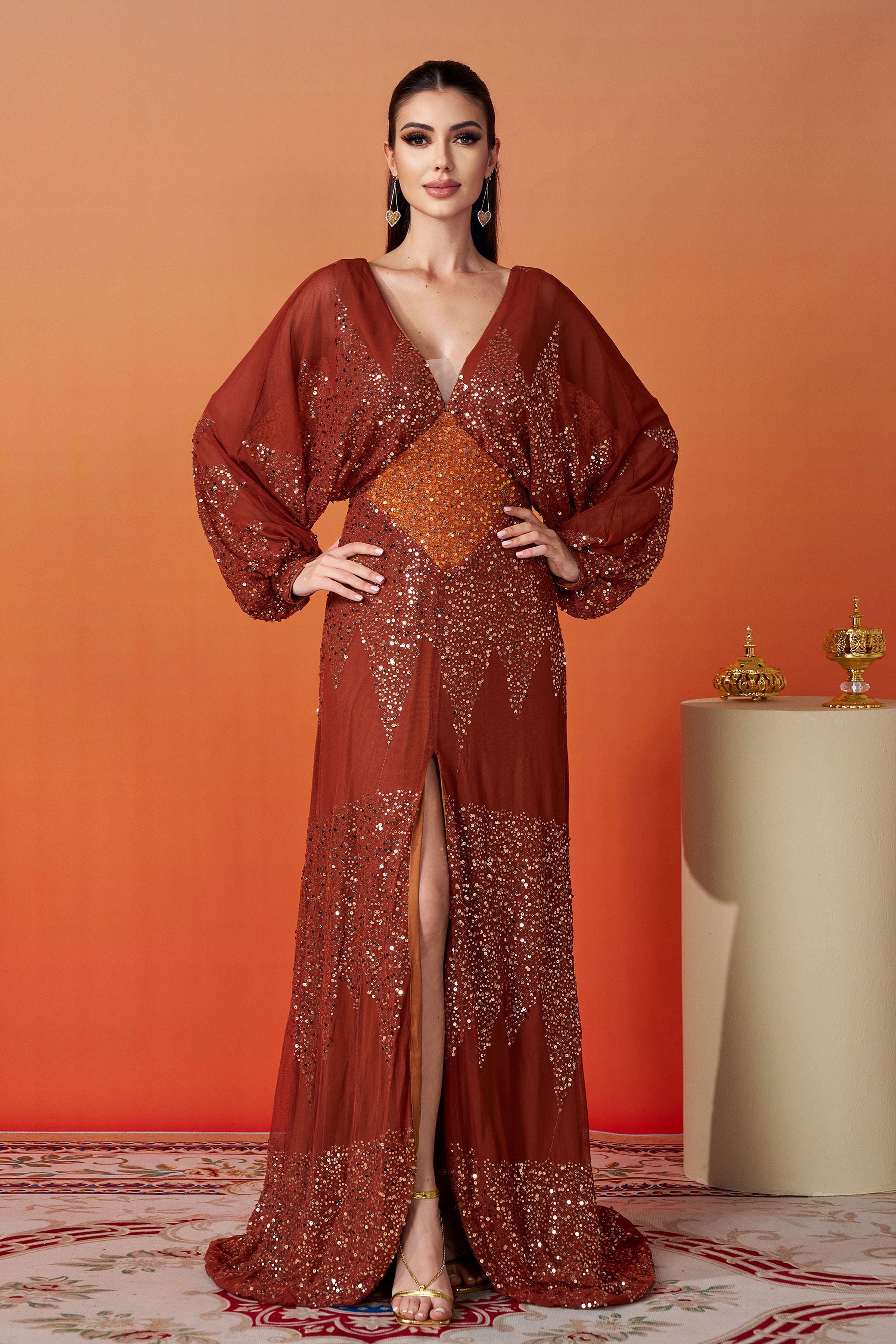 Azina -RM21107 V-Neck Sleeve Sequin Gown