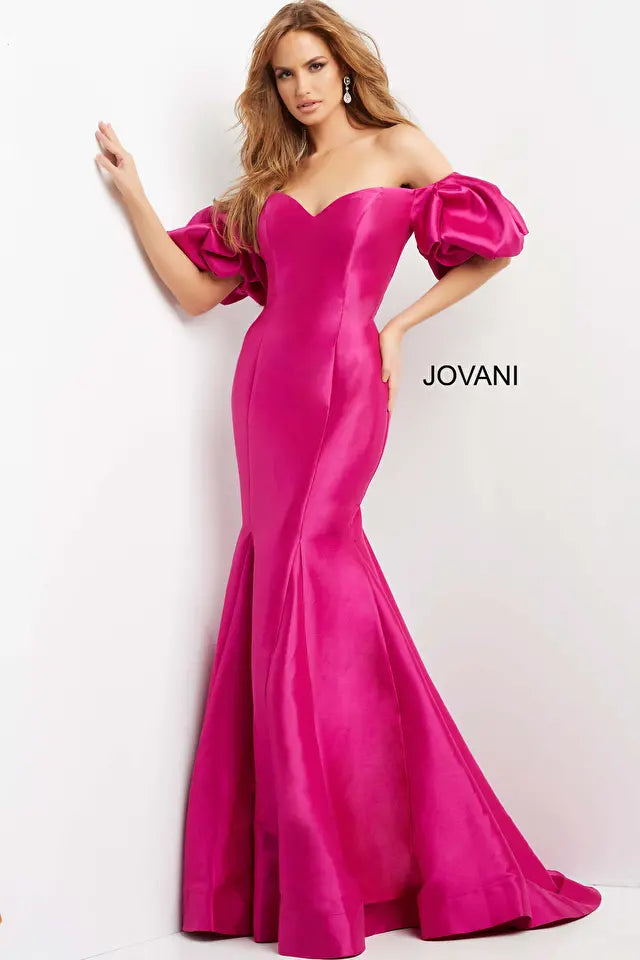 Jovani -09031B Puff Sleeve Off Shoulder Evening Dress