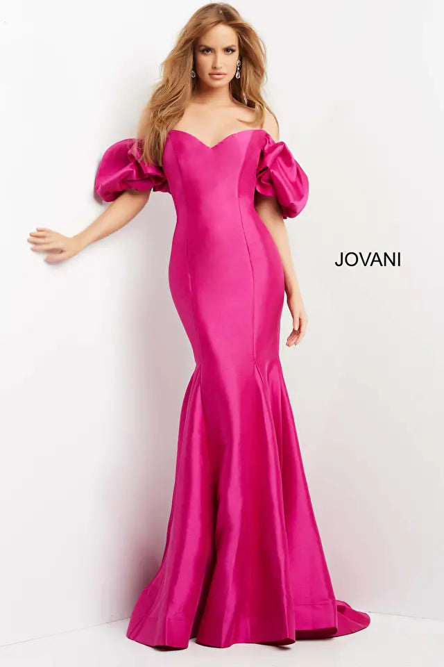 Jovani -09031B Puff Sleeve Off Shoulder Evening Dress