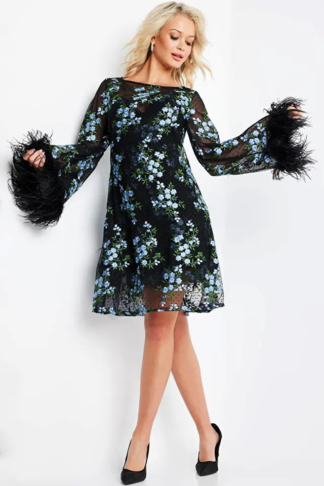Jovani -09445 Long Sleeve Floral Short Print Dress