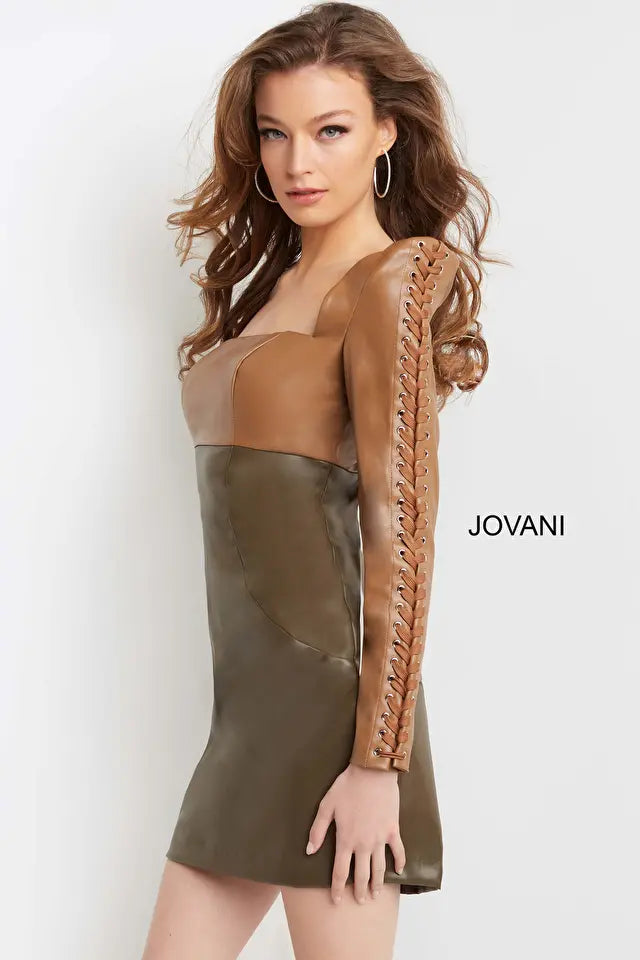 Jovani -09585 Square Neck Long Sleeves Short Dress 6 / Black/Black