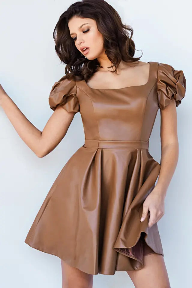 Jovani -09690 Leather Square Neck Cocktail Dress 0 / OLIVE Jovani -09690 Leather Square Neck Cocktail Dress 0 / OLIVE